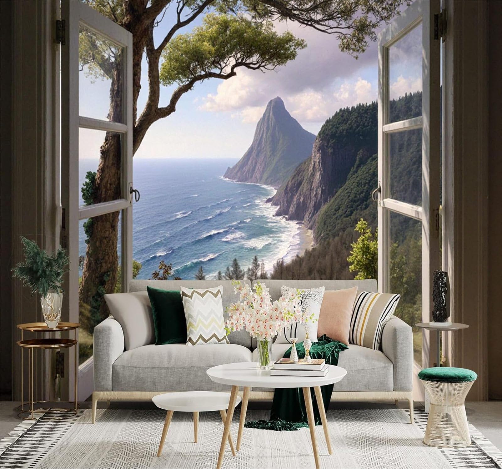 Tzxztt 150Cm×105Cm(B×H) Three Dimensional Window Seascape Cliffs Green Trees Modern 3D Wallpaper Premium Textured Silk Neutral Tones Material Ideal For Living Room Bedroom-150Cm×105Cm