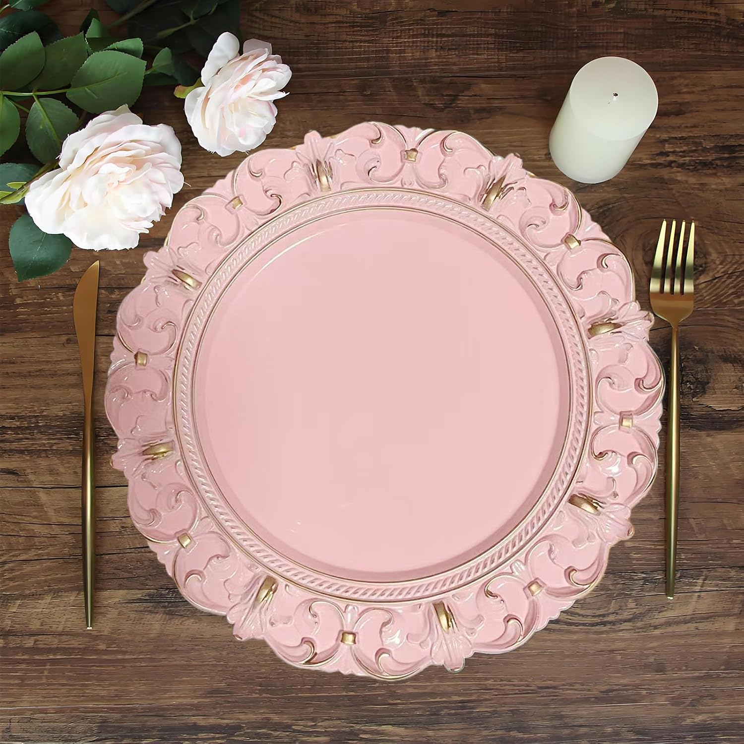 6 Pack Pink Charger Plates 13" Round Charger Plates for Dinning Plates with Embossed Rim Plastic Charger for Dinner, Wedding, Elegant Tableware Decor
