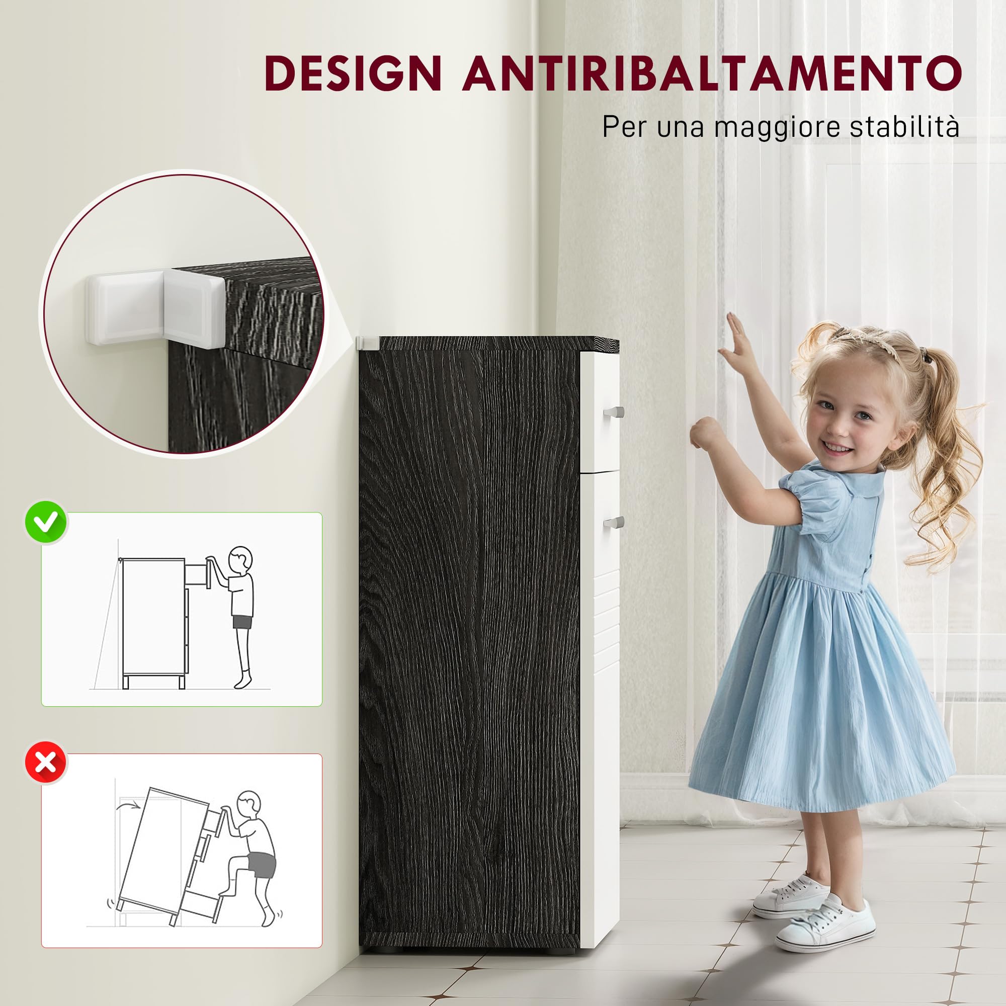 kleankin Mobile Bagno con Cassetto e Armadietto a un'Anta, Mobiletto da Bagno Salvaspazio in Legno, Armadietto per Sala da Pranzo, Salotto, Soggiorno, Cucina, 35x30x77.5 cm, Bianco e Nero