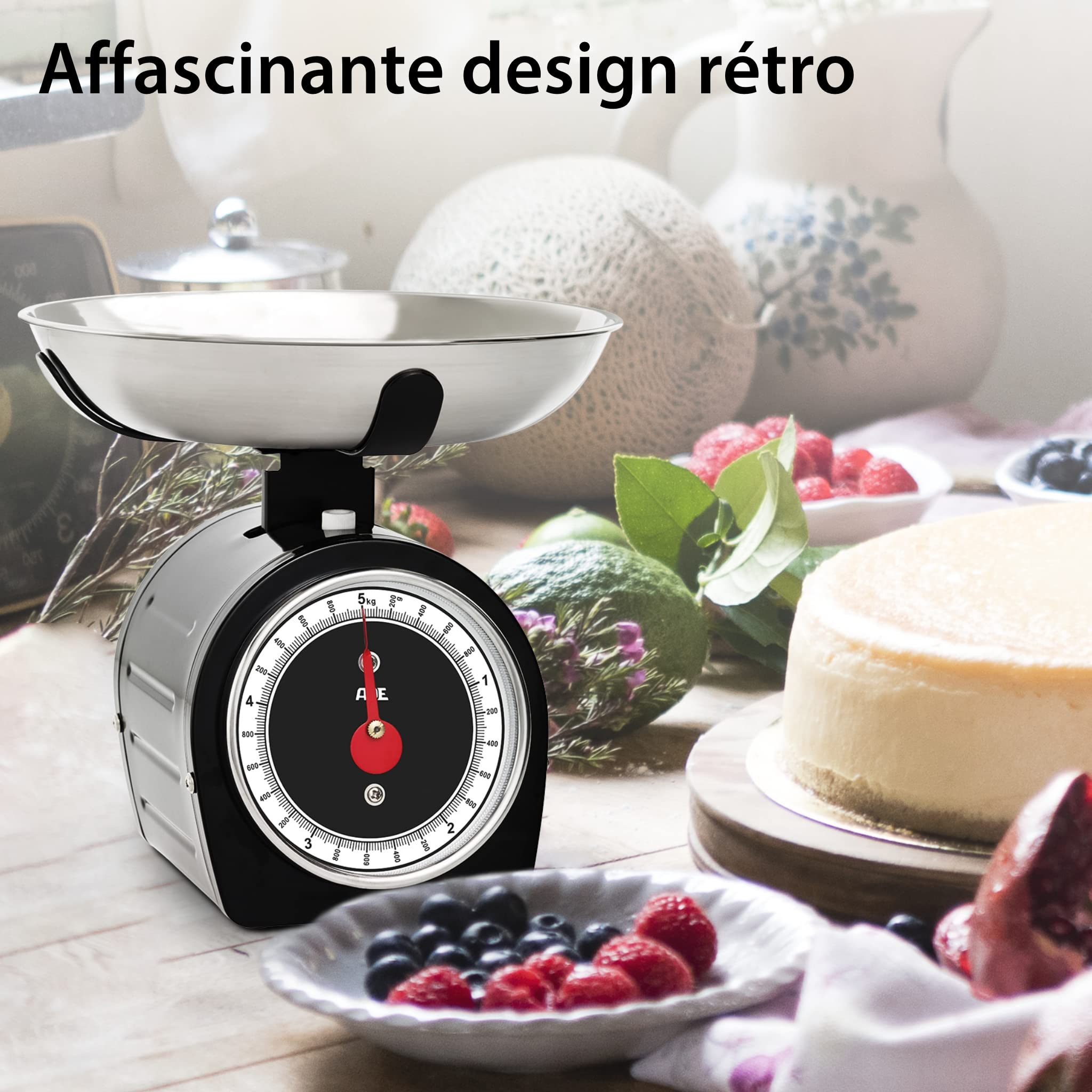 ADE Bilancia da cucina meccanica, bilancia classica per la cucina e la casa, bilancia tradizionale senza batterie in look vintage/retrò, alloggiamento in metallo, 5 kg, nero | KM1900-1 Shirley