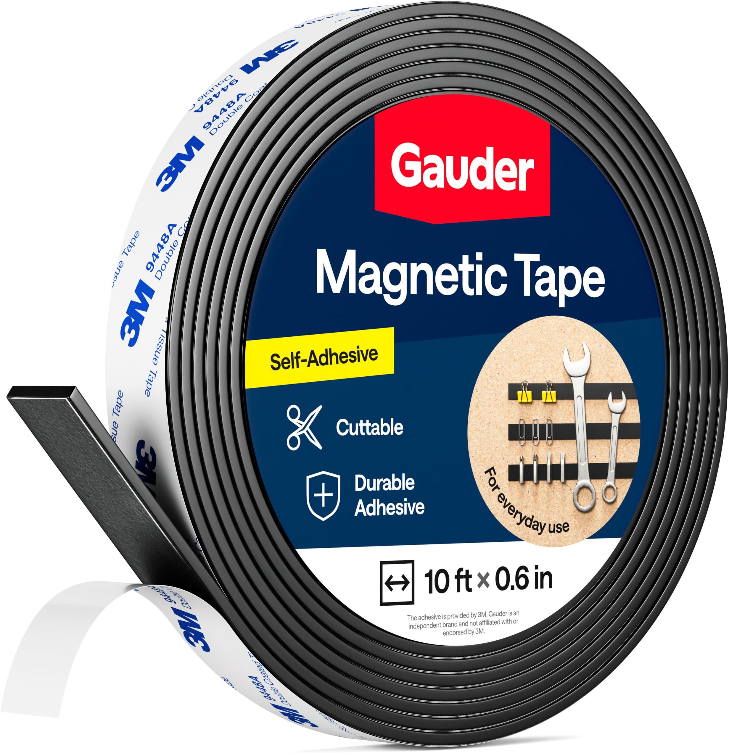 GAUDER Strong Magnetic Tape Self Adhesive (10' Long x 0.6" Wide x 1/14" Thick) | Magnetic Strips with Adhesive Backing | Magnet Roll