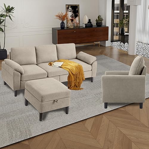 Miniatura 8 de Juego de sofá seccional convertible de 79 pulgadas, moderno sofá pequeño en forma de L de lino con otomana reversible y silla de acento, sofás de 3