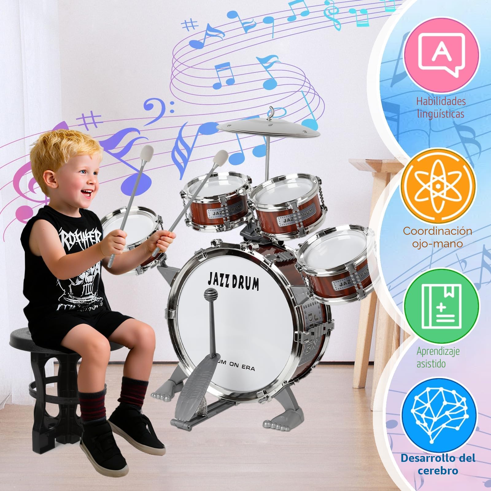 m zimoon Batería de música para niños Kit, Juego Tambor Jazz Junior 5 Tambores con Taburete para Instrumento Musical de Percusión Día ​Festivo Regalo uguete Educativo por Niños Y Niñas Principiantes