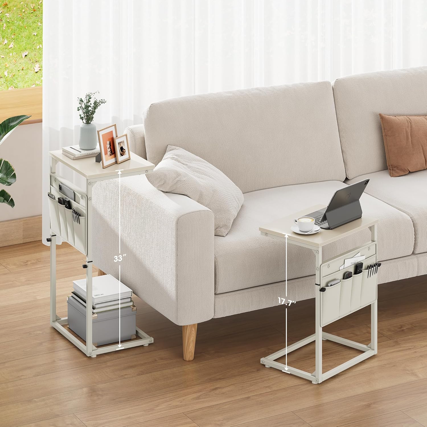 Vagusicc C Shaped End Table, 32'' Tall Side Table for Couch, Adjustable Height Small Couch Side Table for Small Spaces, End Table Slide Under Sofa Table TV Tray Table Arm Table for Living Room