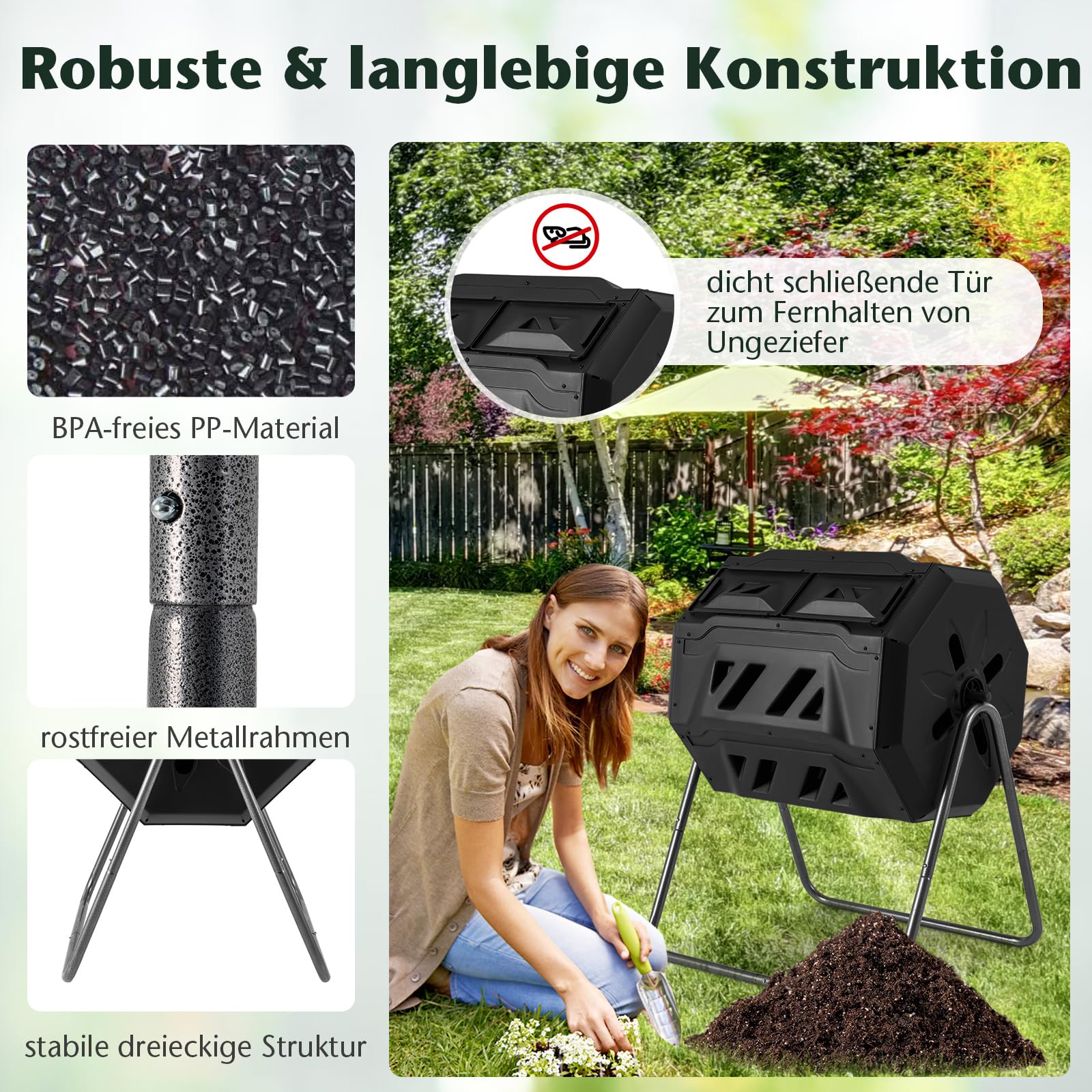 COSTWAY 160L Trommel-Komposter, Gartenkomposter Doppelkammer, 360° drehbar, Kompostschleuder mit 2 Schiebetüren & Handschuhe, Schnellkomposter aus PP & Metall, für Garten Balkon, 70x63x93cm (Schwarz)