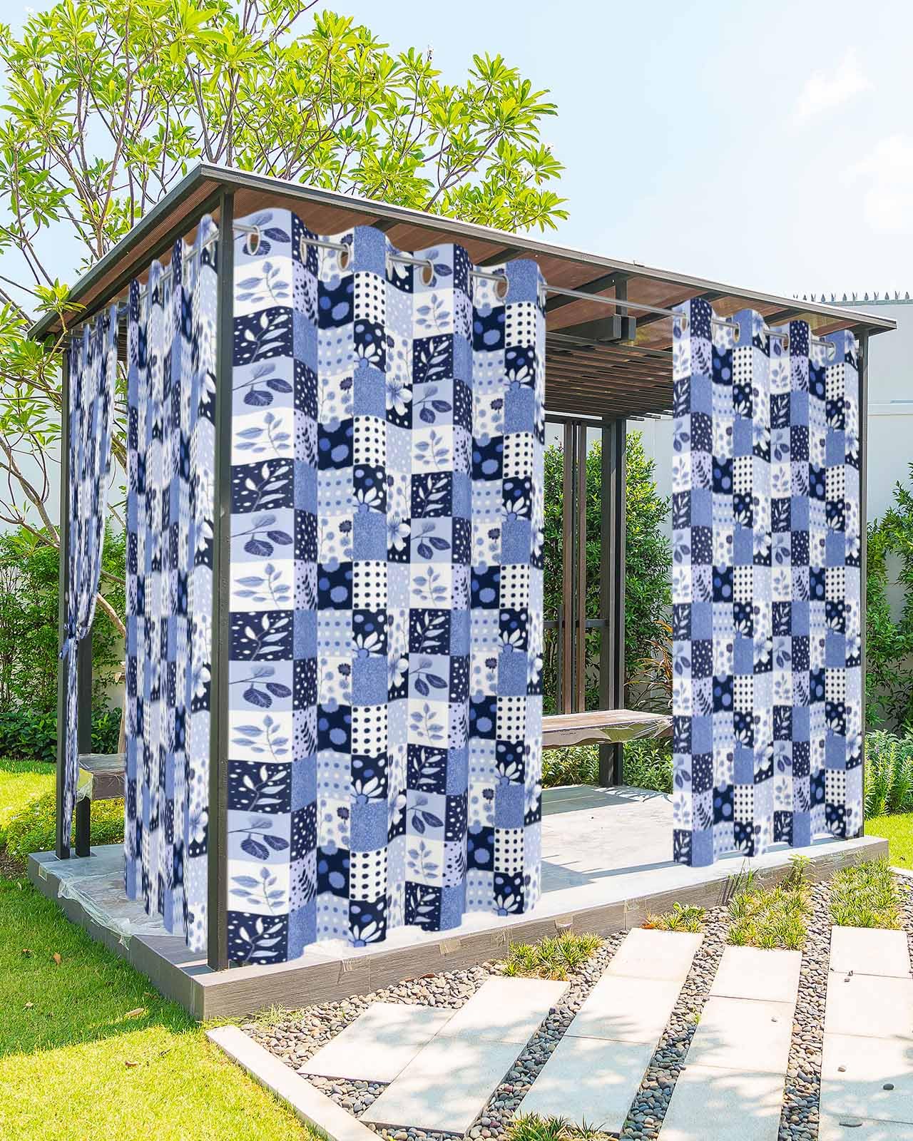 Ukaaqara Outdoor Curtains for Patio Waterproof, Blue Patchwork Purple Flower Wave Point Blue Leaf Grommet Curtains for Porch Outside Privacy Drape for Gazebo Garden Pergola, 2 Panels, 54x108in