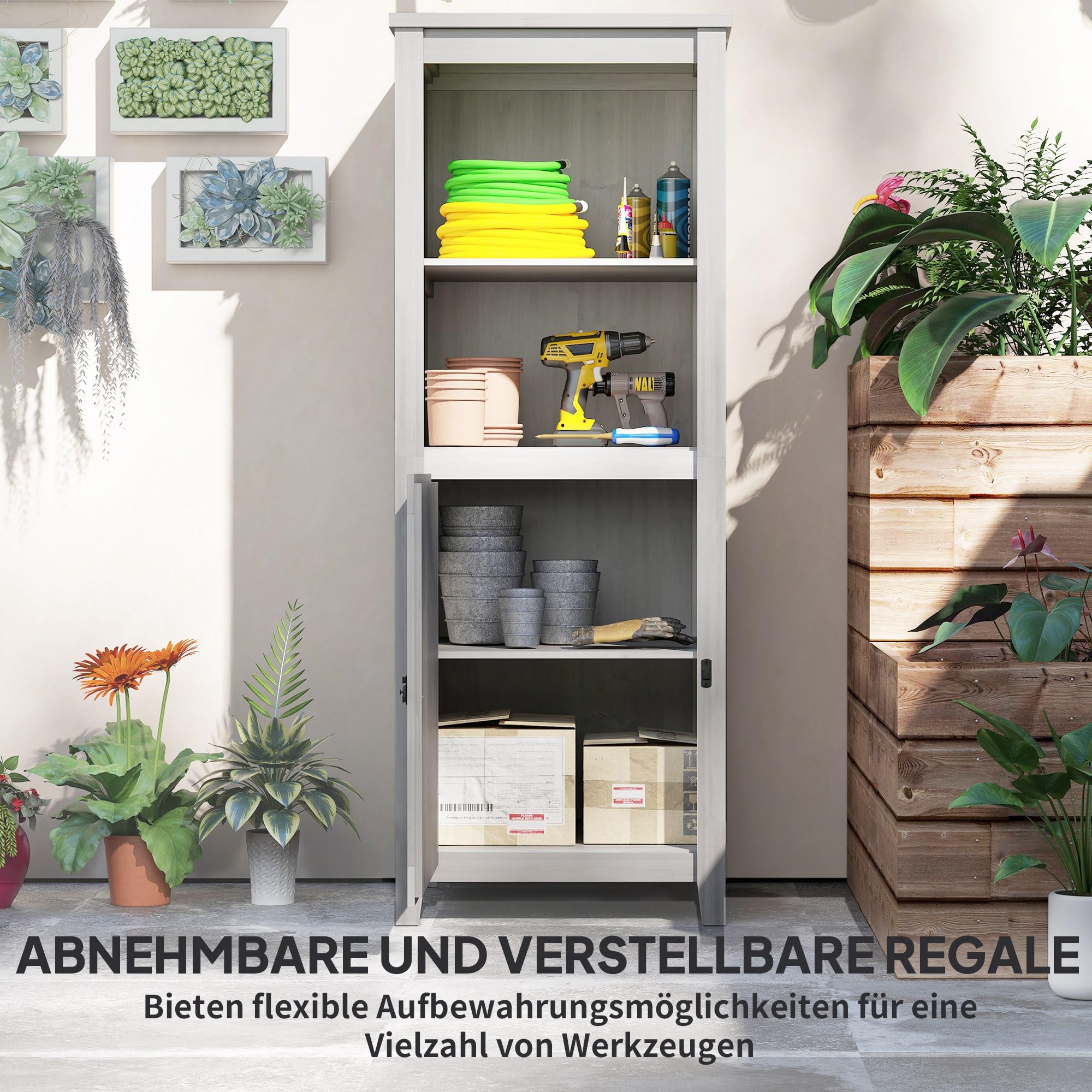 Outsunny Armoire de Jardin Bois 60x60x160cm Gris Clair verrouillable