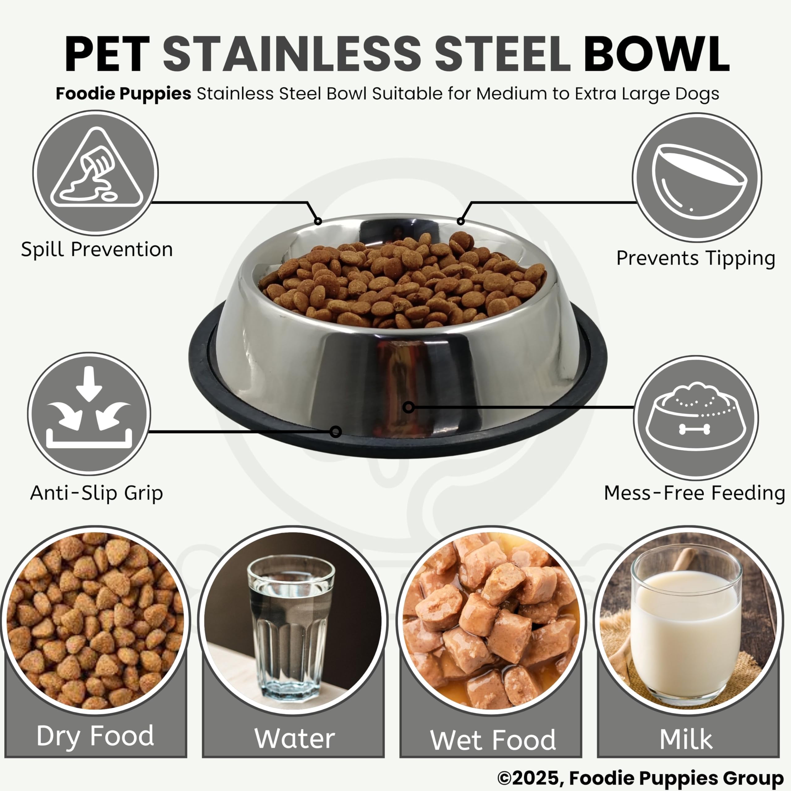 Foodie Puppies Pet Feeding Stainless Steel Bowl for Dogs, Cats & Any Pets - 1800ml, Large I Non-Skid Rubber Bottom Food/Water Bowl I Non-Toxic & 100% Safe for Pets 4