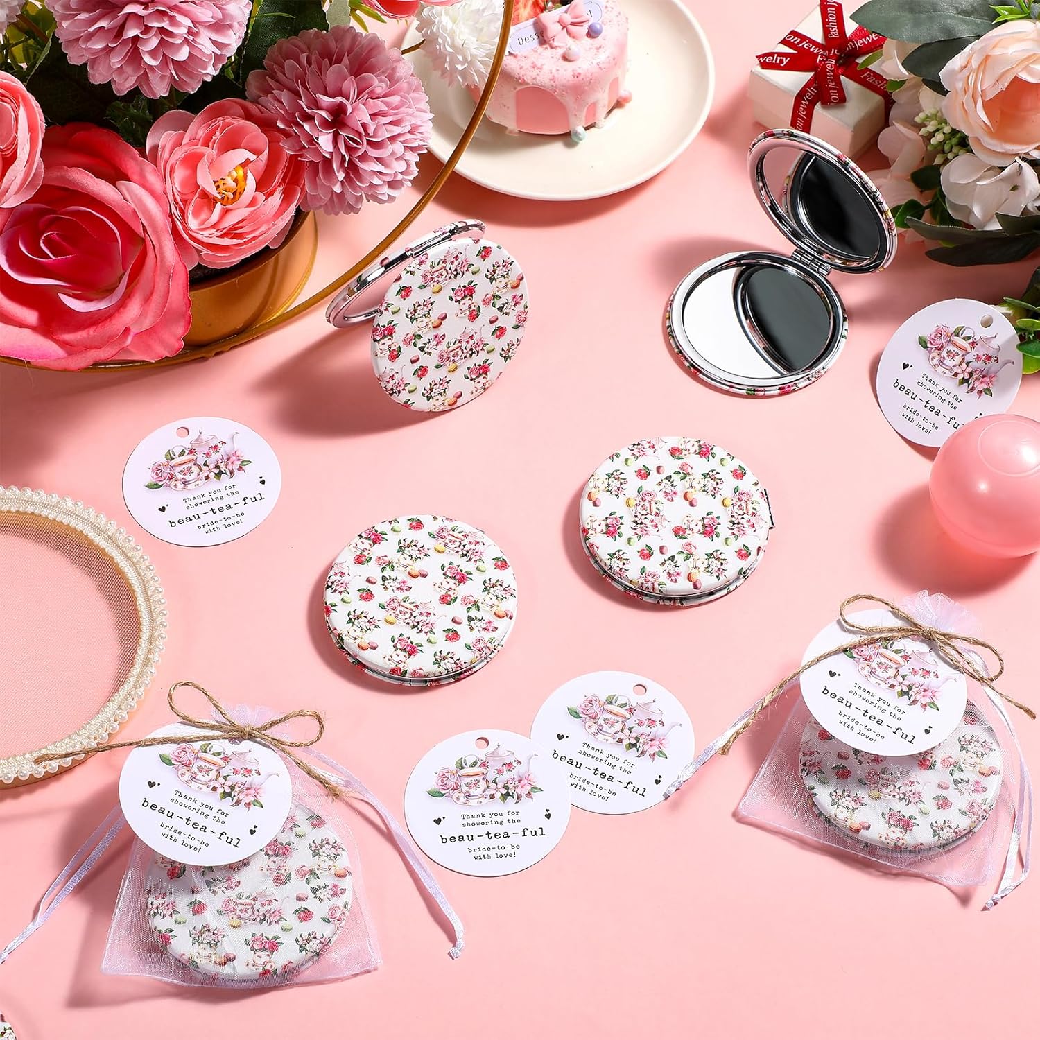 Hushee 20 Sets Bridal Shower Tea Party Favors for Guests Floral Compact Mirror Bulk PU Folding Pocket Mirror with Beautiful Tag Bag Thank You Gifts for Bridal Shower Wedding Bridesmaid