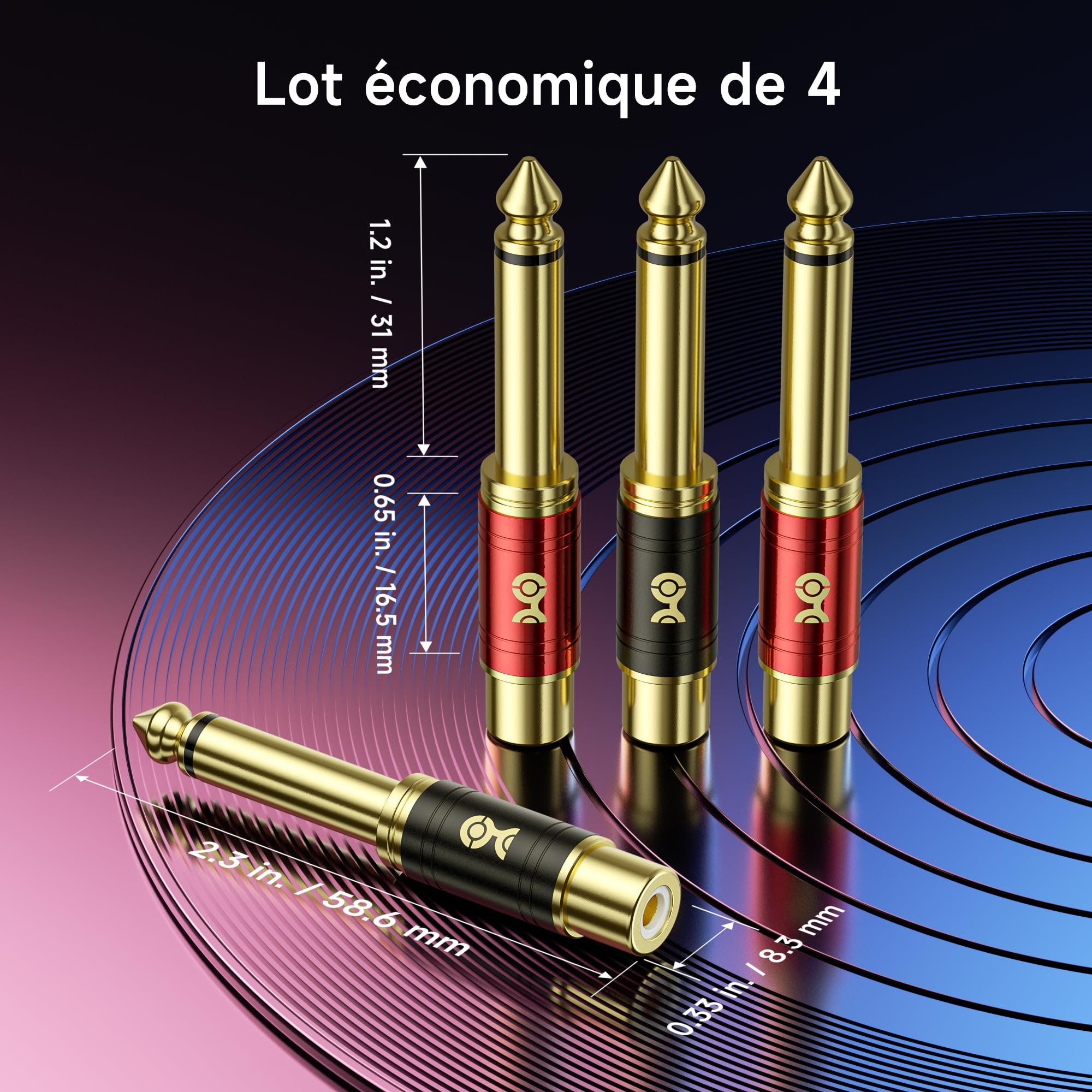 Cable Matters Lot de 4 adaptateurs RCA vers Jack 6,35 mm (1/4") TS Mono – Convertisseur Jack 6,35 mm vers RCA, pour TV, chaîne Hi-FI, ampli, Instruments et équipements Audio domestiques