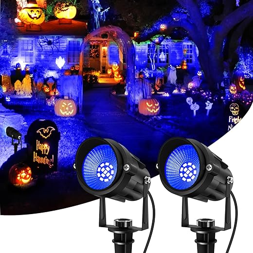 Blue Landscape Lights Outdoor, 14 LED Landscape Lighting with US Plug, IP65 Waterproof Spotlights for Tree Yard Garden Pathway Halloween Christmas Decor 2 Pack