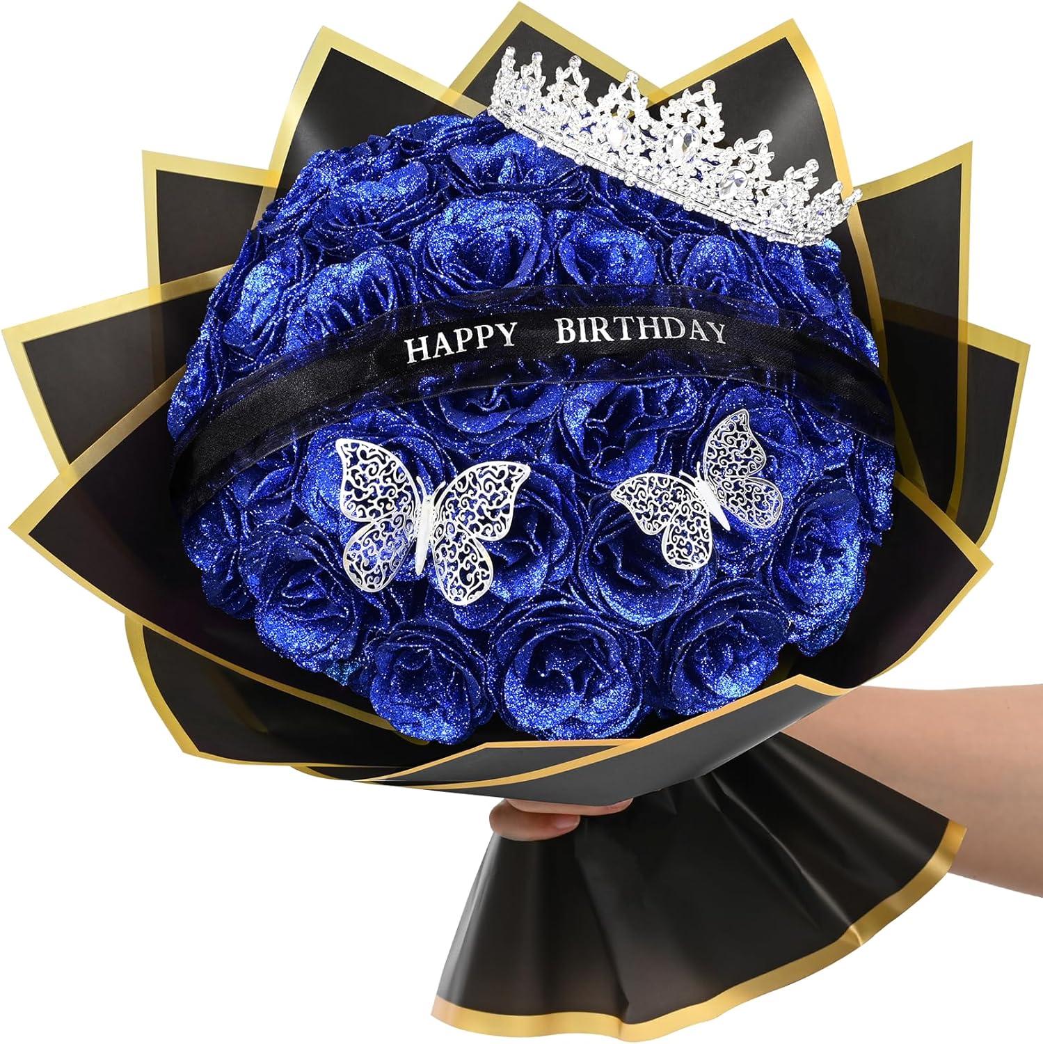 Waipfaru Glitter Roses Bouquet,Birthday Gifts for Women Mom,DIY Fake Flowers Bouquet with Birthday Stand-Up Signs,36 Blue Rose for Grandma Wife Friends