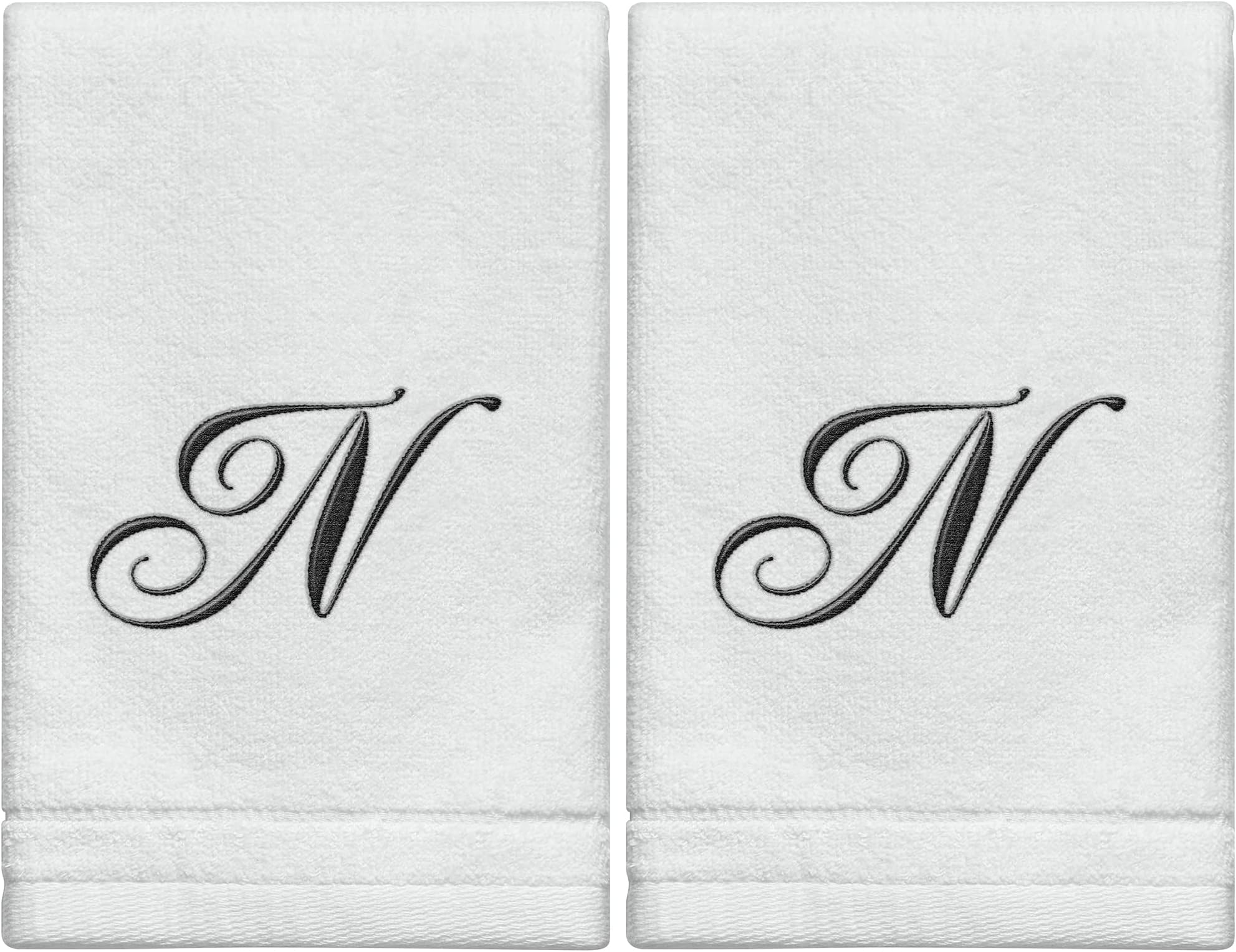 Monogrammed Towels Fingertip, Personalized Gift, 11 x 18 Inches - Set of 2- Black Embroidered Towel - Extra Absorbent 100% Cotton- Soft Velour Finish - For Bathroom/ Kitchen/ Spa- Initial N (White)