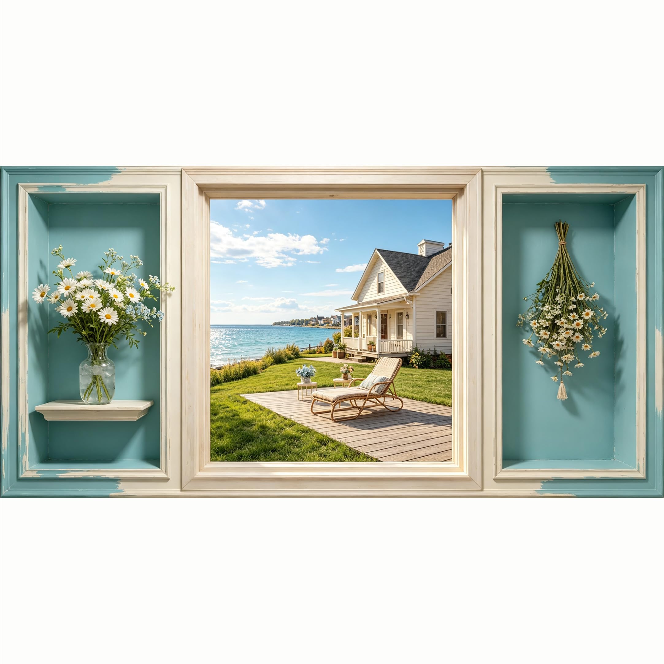 QZLITHOTIC 50x100cm 3D Framed Wall Art， Coastal Farmhouse Lake House View Self‑Adhesive Mural， Water‑Activated Peel & Stick Fabric Decor Wall Decal for Bedroom Living Room