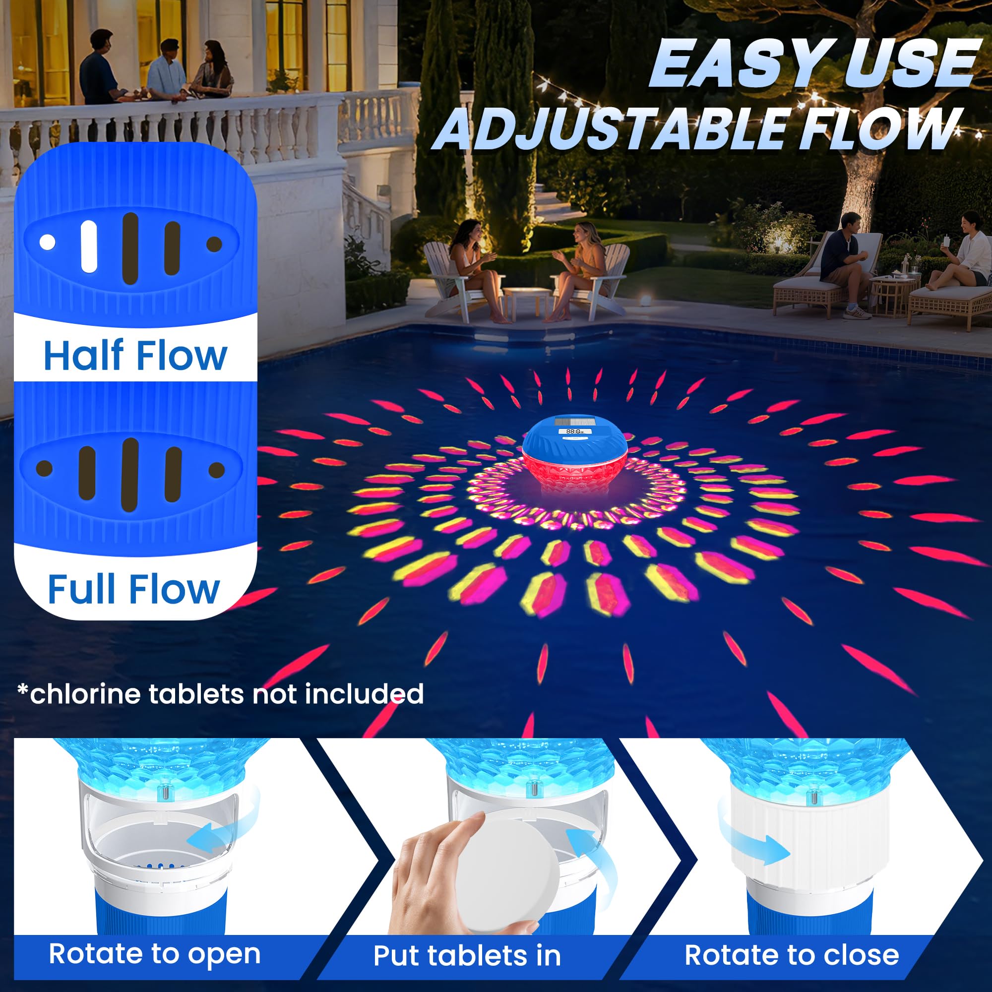 Flotteur de chlore de piscine amélioré avec thermomètre, flotteur de chlore de piscine à écran numérique, flotteur solaire de chlore avec lumière, bouton de contrôle du distributeur de chlore