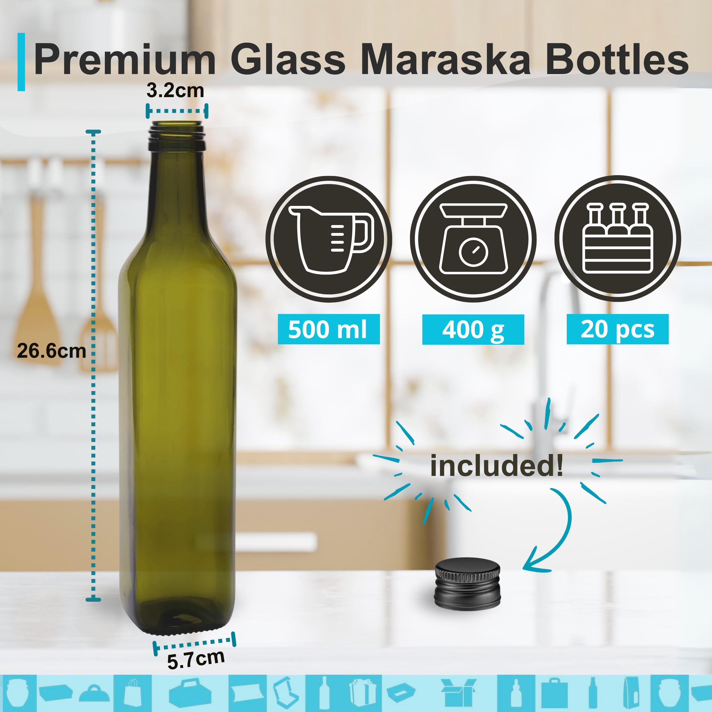 Espirito Rebelde 20 Flaschen aus dunklem Glas, 500 ml, mit schwarzem Schraubverschluss | Olivenöl, Essig, Alkohol | Ölflasche aus Glas, Glasbehälter, Ölflasche