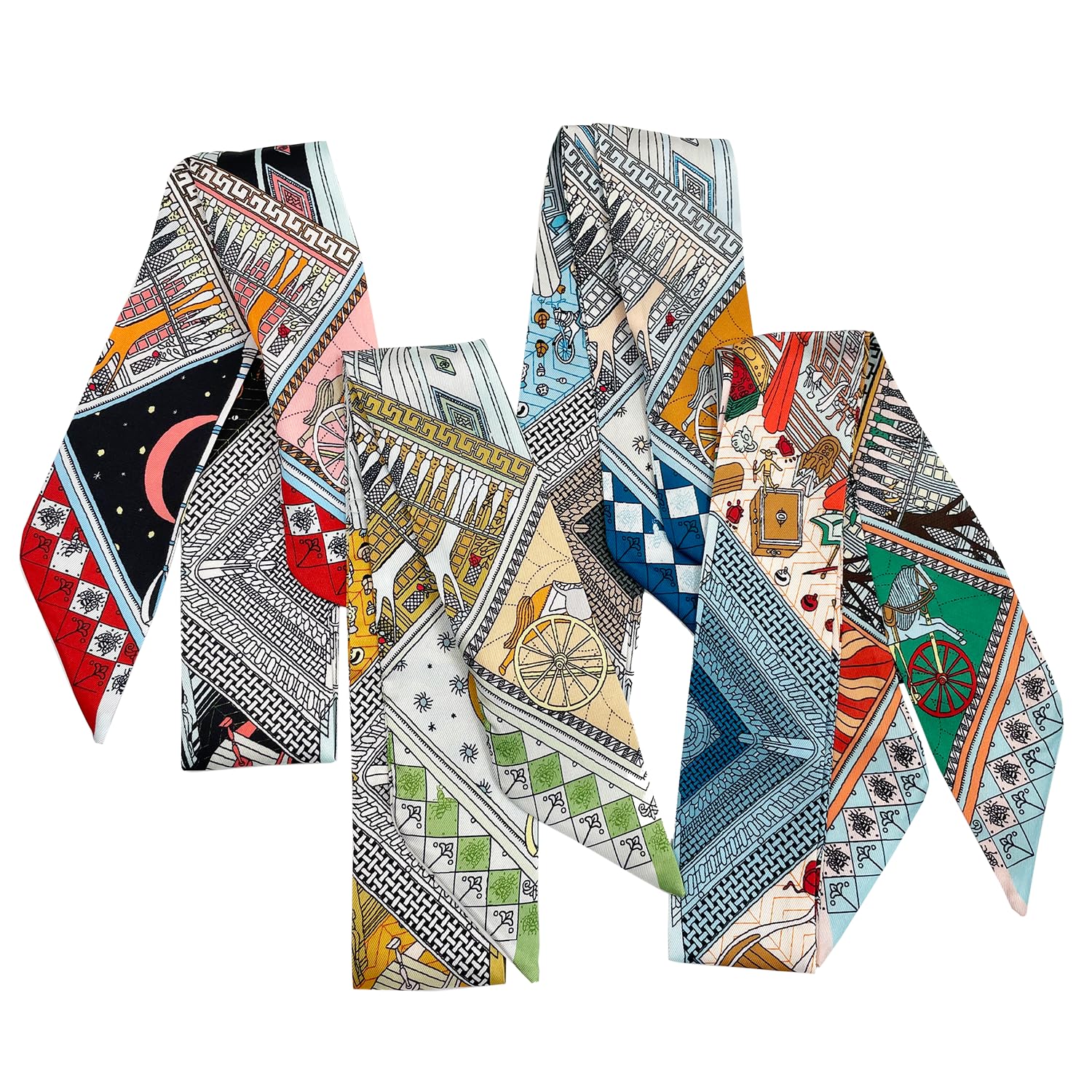 SansHeBe 4pcs Purse Scarf For Handbags Silk Head Scarf For Hair Fashion Skinny Scarf For Women Long Neckerchief, City, 5 * 90CM