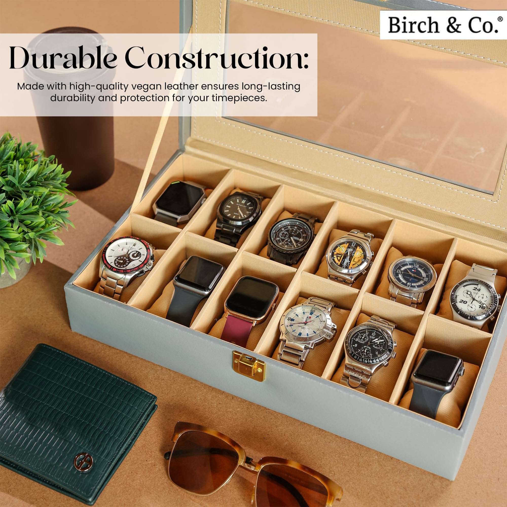 Birch & Co. Boîte de rangement pour montres – Présentoir à 12 emplacements avec couvercle en verre, cuir synthétique, intérieur en velours doux – Rangement élégant pour montres hommes et femmes