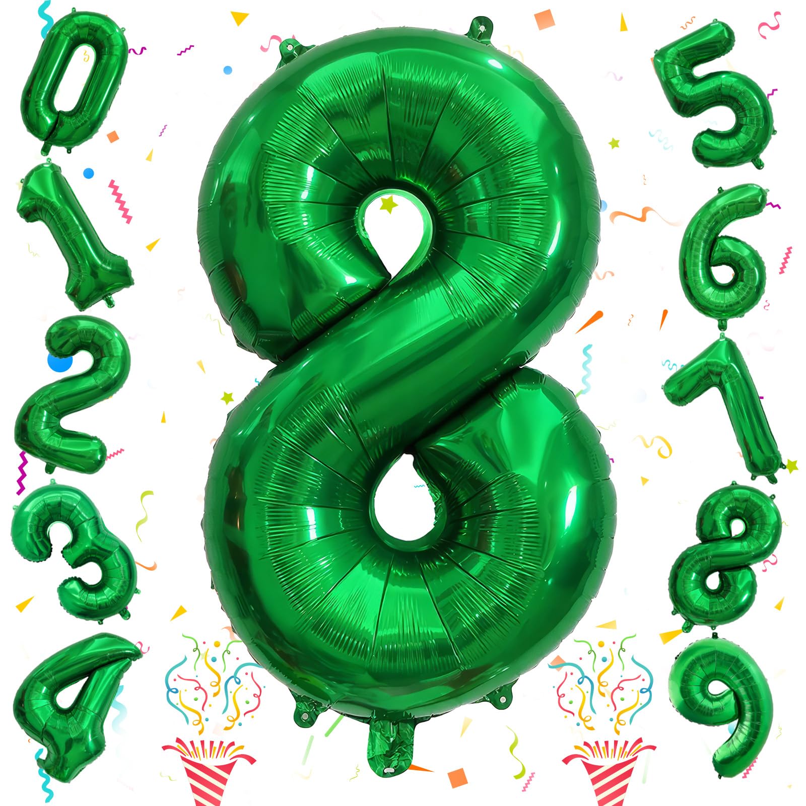 40 Inch Emerald Green Number 8 Balloons, Large Foil 8th Birthday Balloon Decorations for Girls, Dark Green Self Inflating Happy Birthday Party Jungle