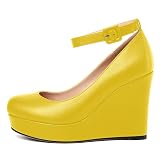 AMBELIGHT Women's Evening Round Toe Wedge Dress Platform Matte Solid Ankle Strap Buckle High Heel 4 Inch Pumps Shoes Yellow Size 10.5 - Zapatos Elegantes para Mujer