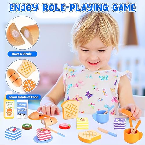 Miniatura 7 de Juego de picnic para niños, comida de juego de simulación para niños pequeños de 1 a 3 años, 24 piezas de juegos de comida de madera para niños con