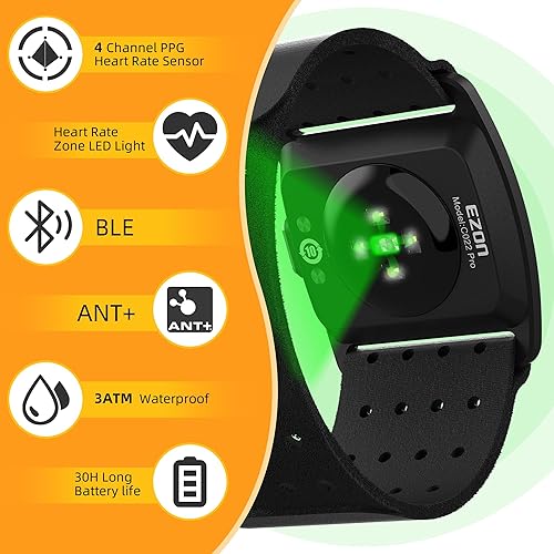 Miniatura 2 de EZON C022Pro - Brazalete con monitor de frecuencia cardíaca con ANT+ y Bluetooth, luces indicadoras LED de zona HR, impermeable 3ATM, correa de