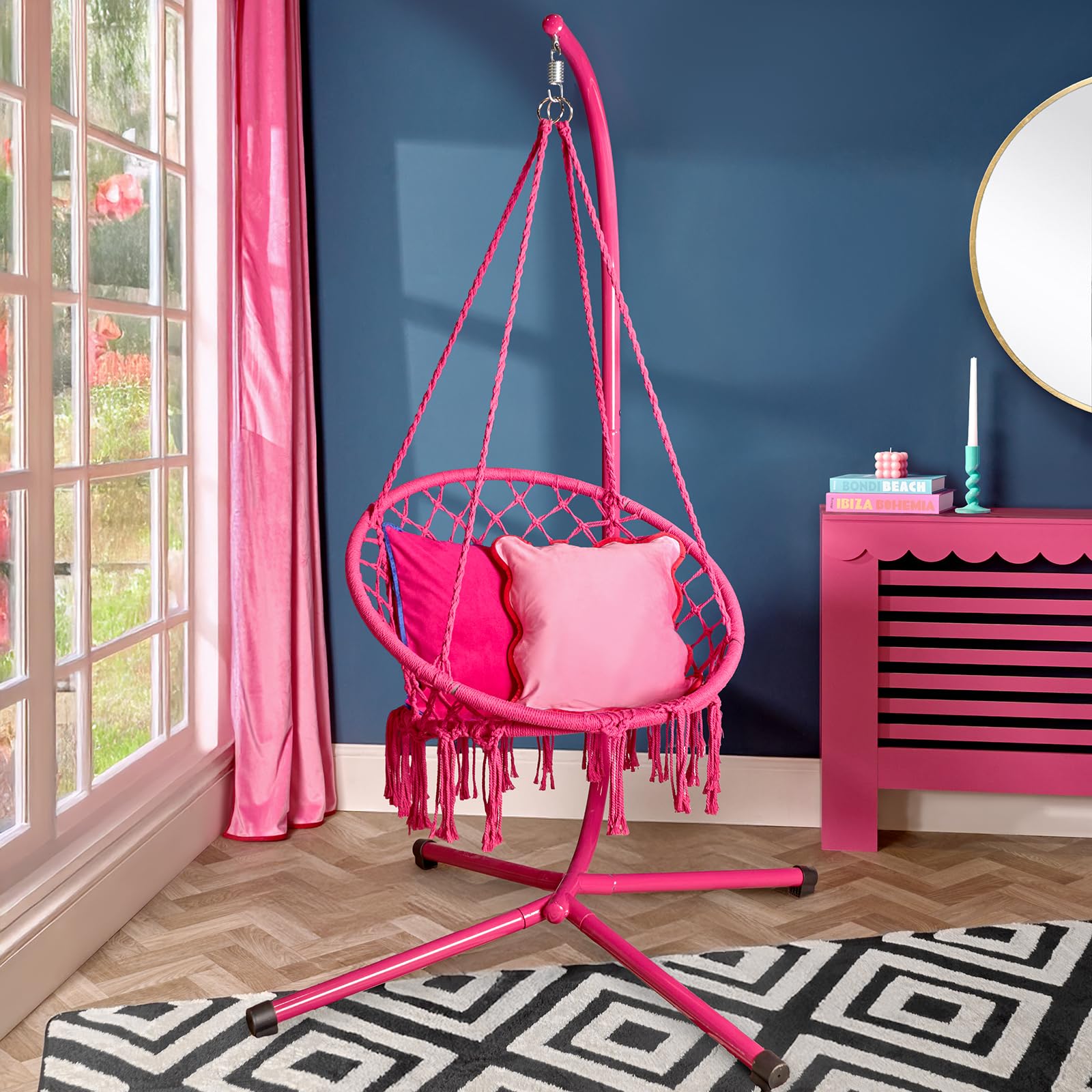 Ohs Men's Hot Pink Macrame Knotted Egg Chair, Garden Swing Chair With Stand For Bedroom Garden Patio Balcony Swing Chairs Comfy Relaxing Hanging Egg Chairs Outdoor Indoor Use,