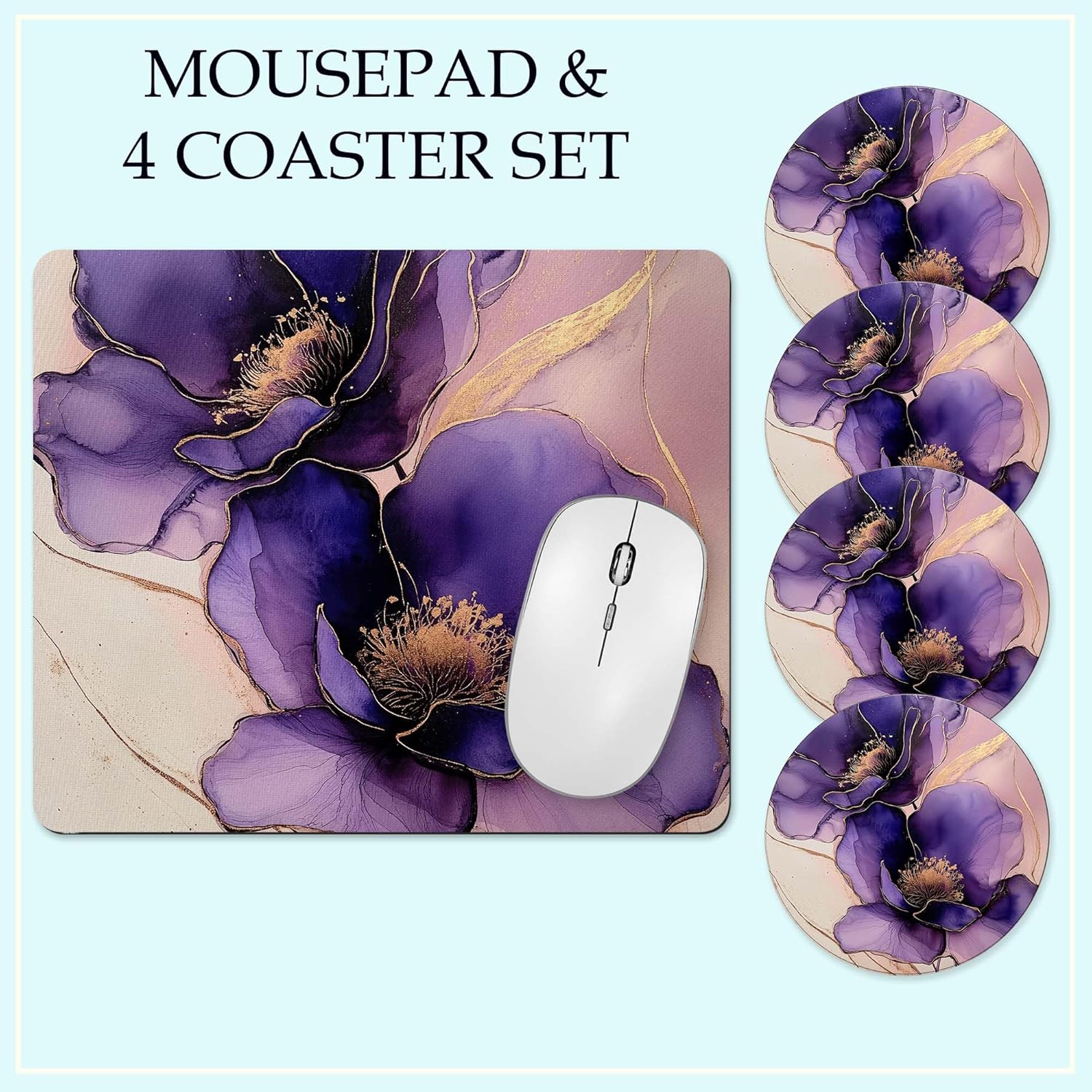 The Painted Pug Purple Mouse Pad and 4 Coaster Set Desk Accessories Elegant Office Decor Abstract Watercolor Pansy