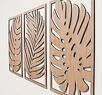 Vista 3 de Juego de 3 paneles de arte de pared de madera con hojas tropicales de Monstera, estilo bohemio, casa de campo moderna