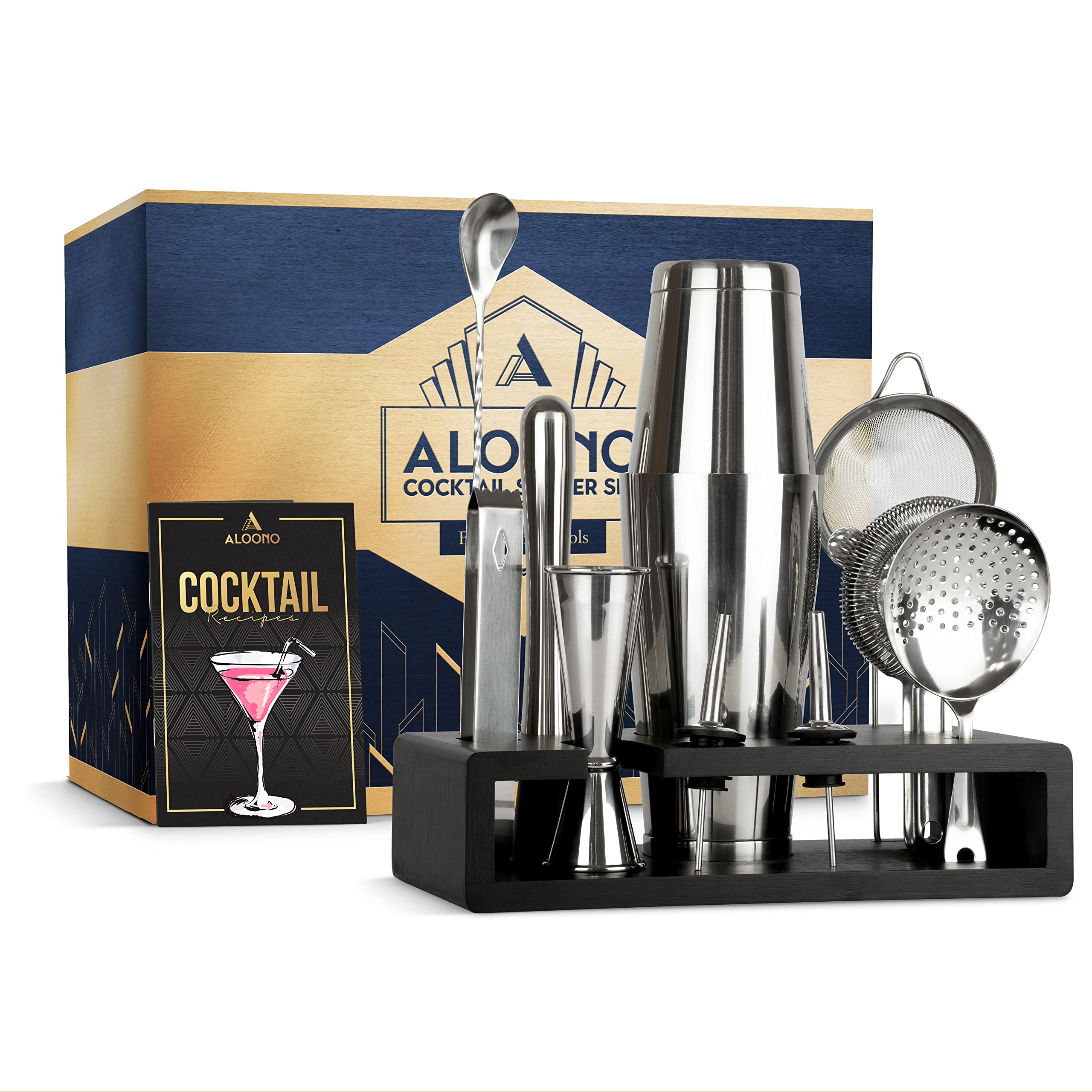13-Piece Silver Boston Cocktail Shaker Set Bartender Kit | Drink Mixer Bar Set with Stand & Recipe B