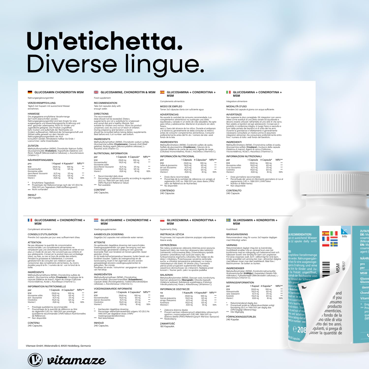 Glucosamina Condroitina MSM 2250 mg con Vitamina C, 240 Capsule, Articolazioni e Cartilagine Integratori, Alto Dosaggio, Naturale senza Additivi non Necessari, Qualitá Tedesca - Vitamaze®