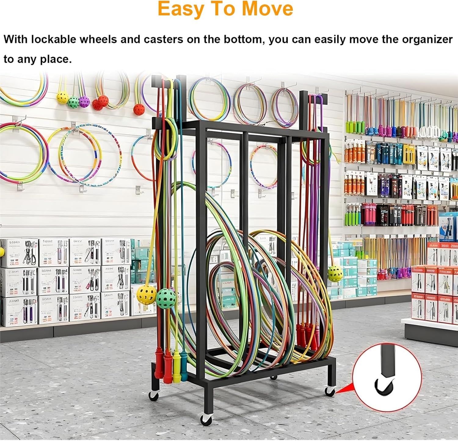 Metal Hula Hoop and Jump Rope Storage Holder Cart, Hula Hoop Stand with Wheels, School Gym Sport Equipment Rack, Basement Studio Fitness Organizer