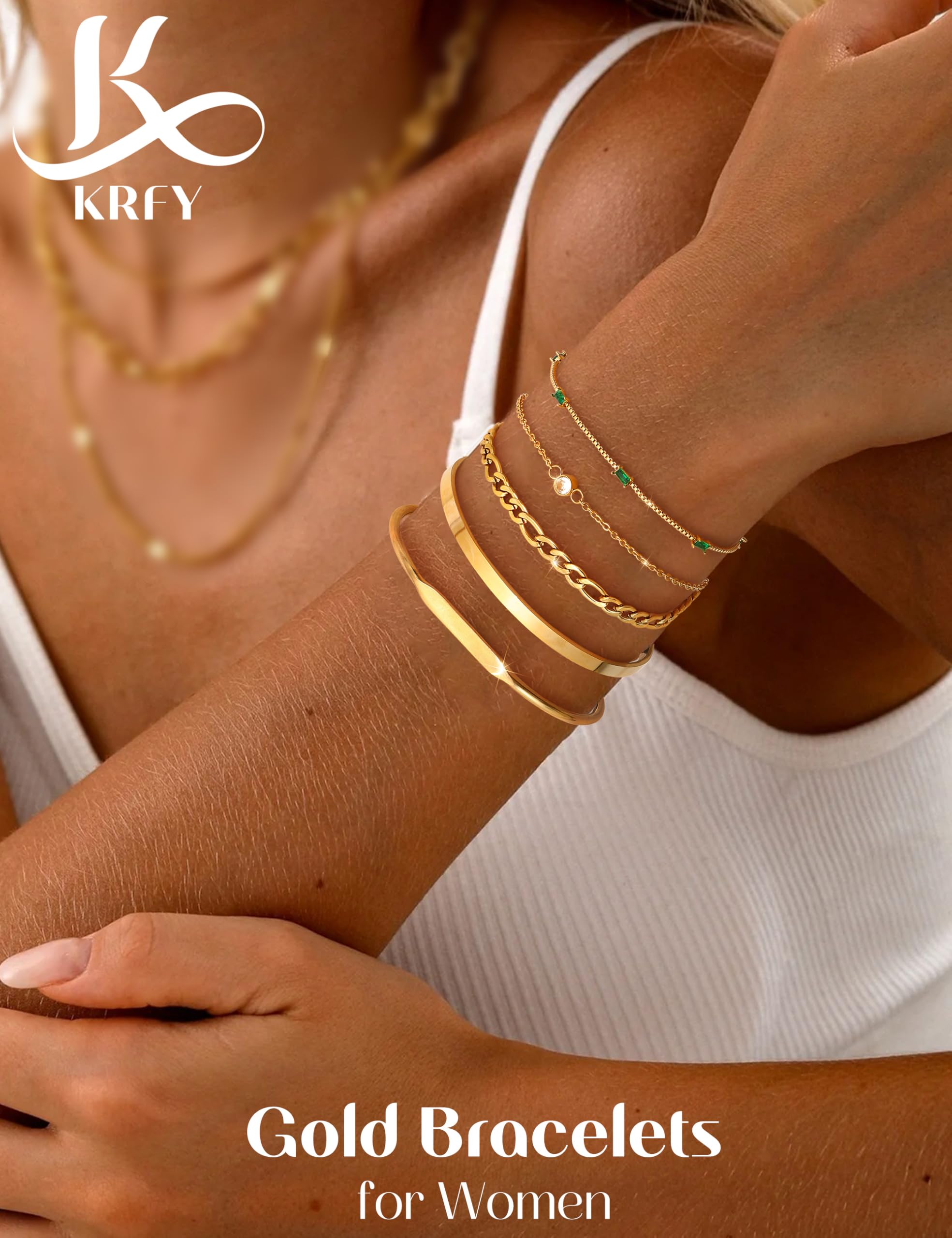 KRFY 5piezasPulseras de Oro Para Las Mujeres 14K Oro Chapado Pulsera Puño Pulsera de Tenis Conjunto Pulseras de Pila Ajustable Figaro Verde CZ Cadena — view 3