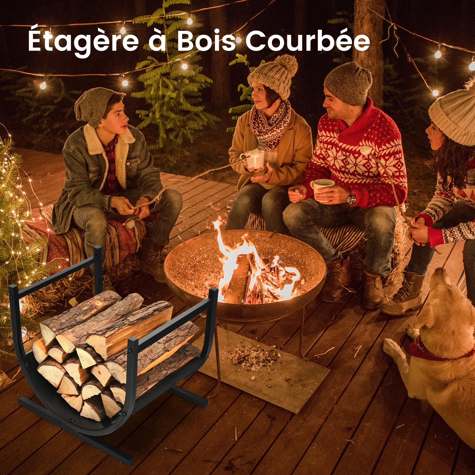 GYMAX Range-bûches Intérieur avec Poignées, Porte-bûches en Métal, Support pour Bois de Chauffage en Forme U, Charge 30 kg, pour Extérieur, 43x36,5x39,5CM