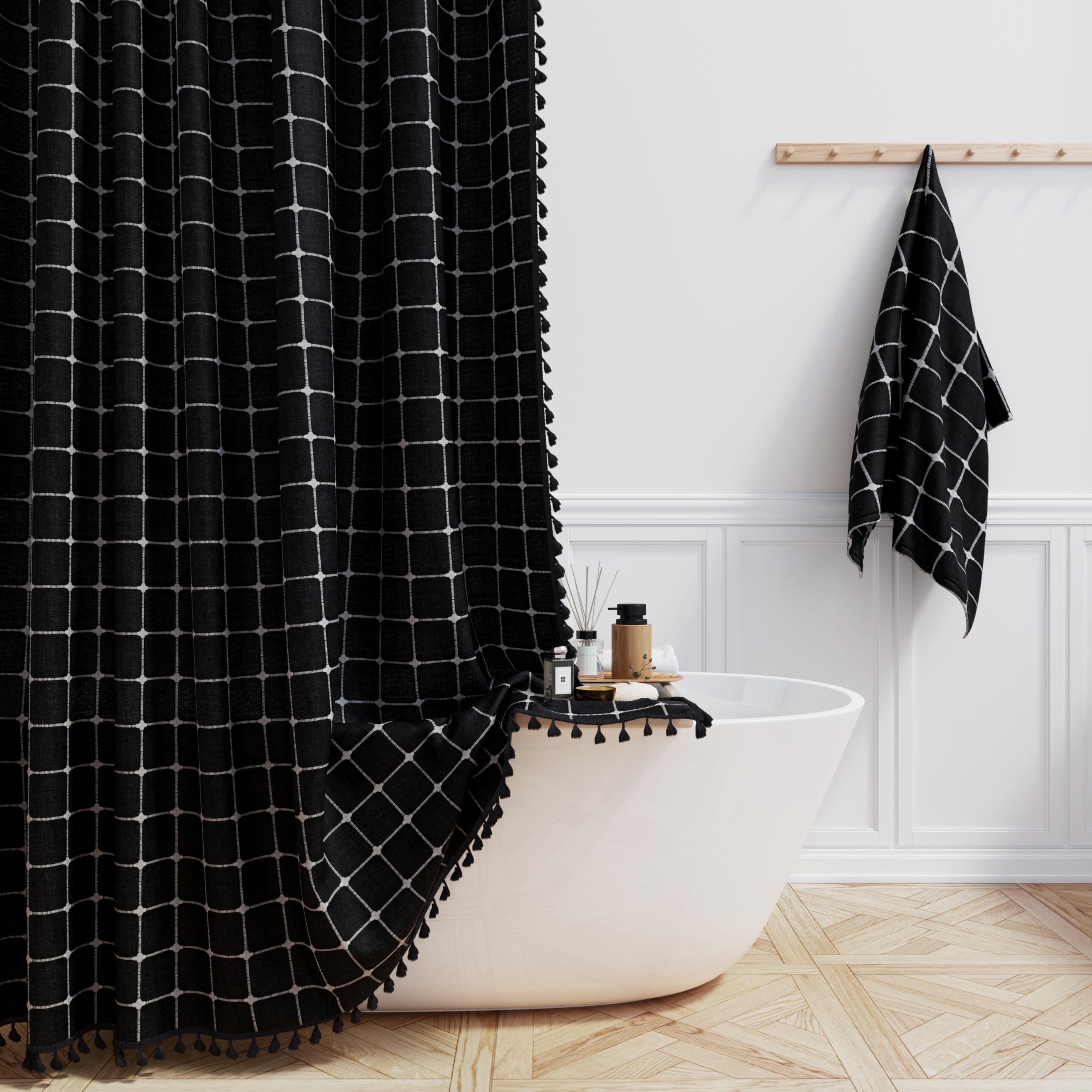 BTTN 60x72 Boho Farmhouse Linen Heavy Duty Shower Curtain, Black and White