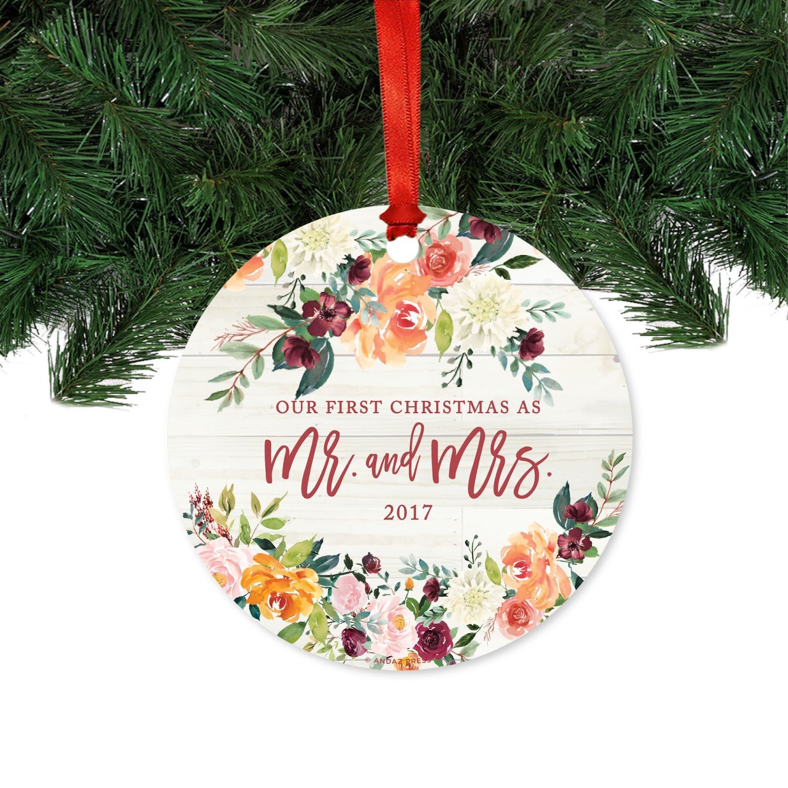 Andaz Press Custom Year Wedding Metal Christmas Ornament, Our First Christmas As Mr. and Mrs. 2024, Light Rustic Wood with Florals, 1-Pack, Includes Ribbon and Gift Bag
