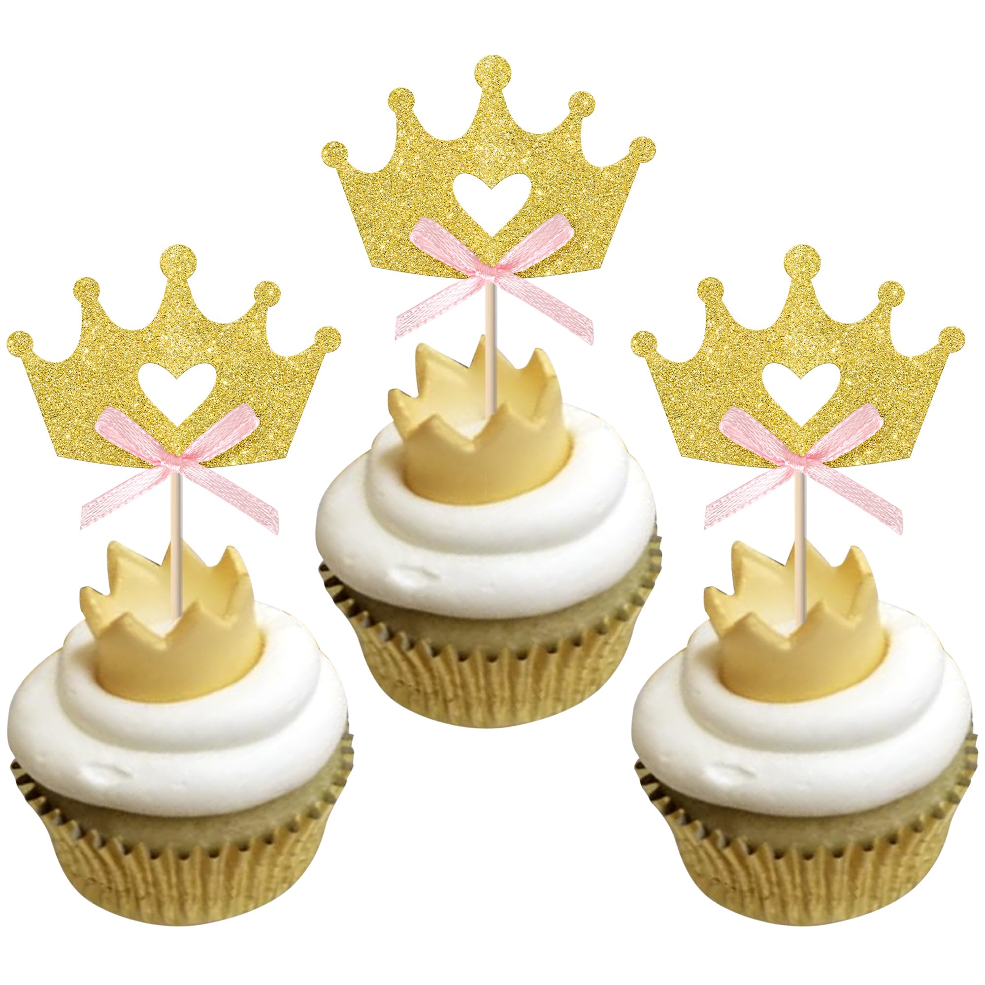 Xsstarmi 24 Pack Gold Bow Crown Cupcake Toppers Glitter Queen Princess Crown Cupcake Picks for Baby Shower Kids Birthday Party Cake Decorations Supplies