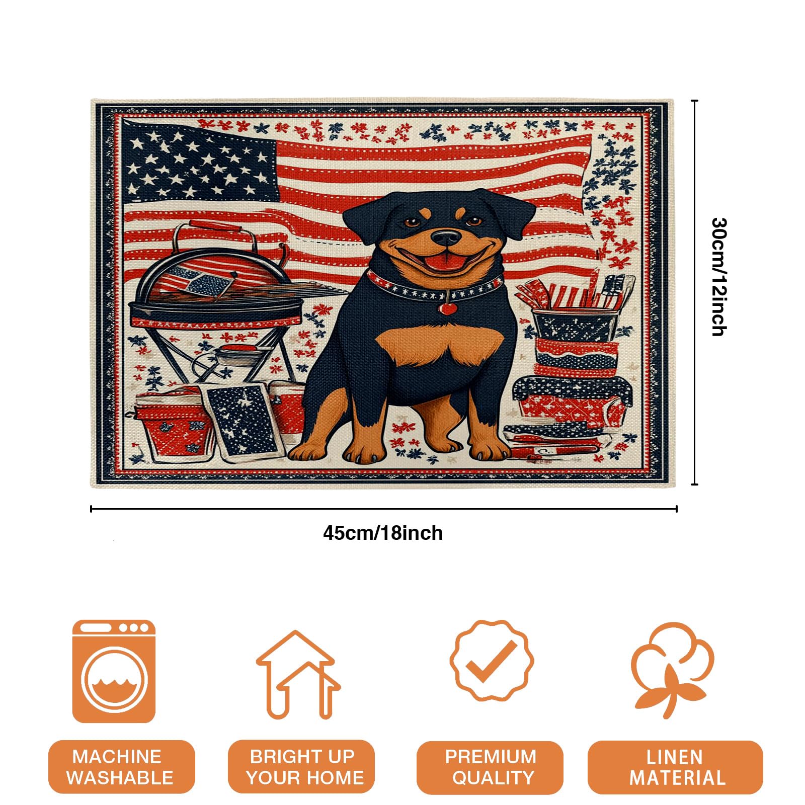 6er-Set patriotische Tischsets mit amerikanischer Flagge und Hundemotiv,