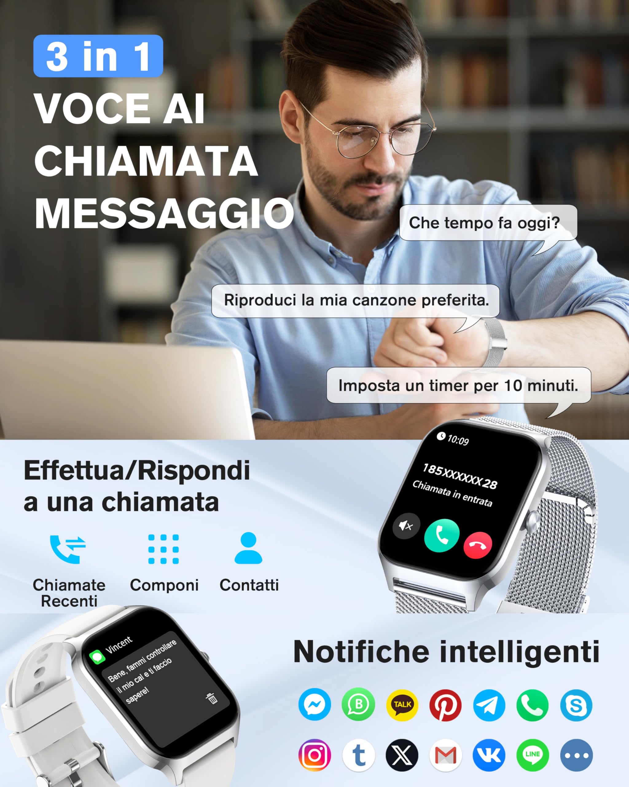 KALINCO Smartwatch Uomo Donna, 1.85” IA Orologio Pressione Sanguigna, Chiamata Bluetooth, SpO2, Frequenza cardiaca, Stress, Sonno, Orologio Mondiale, 100+ Sports Watch, Regalo Android iOS