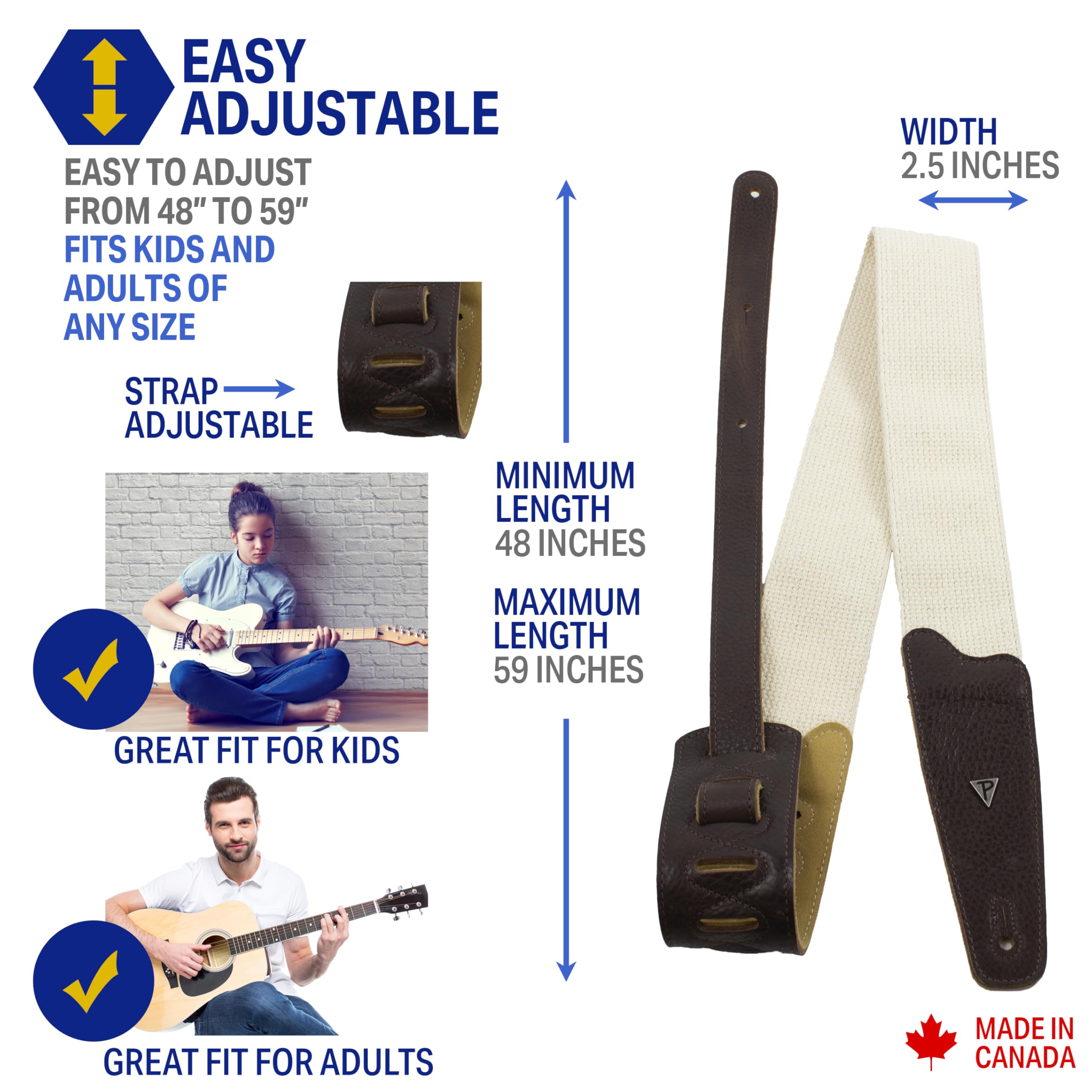Perri's Leathers Ltd., Doubled Cotton Webbing with Suede/Leather Ends Guitar Strap, Adjustable Length, for Electric Acoustic - Image 2