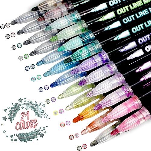 BCUEIDO Marcadores de contorno de 24 colores, marcadores metálicos de contorno automático de doble línea, marcadores de contorno Super Squiggles,