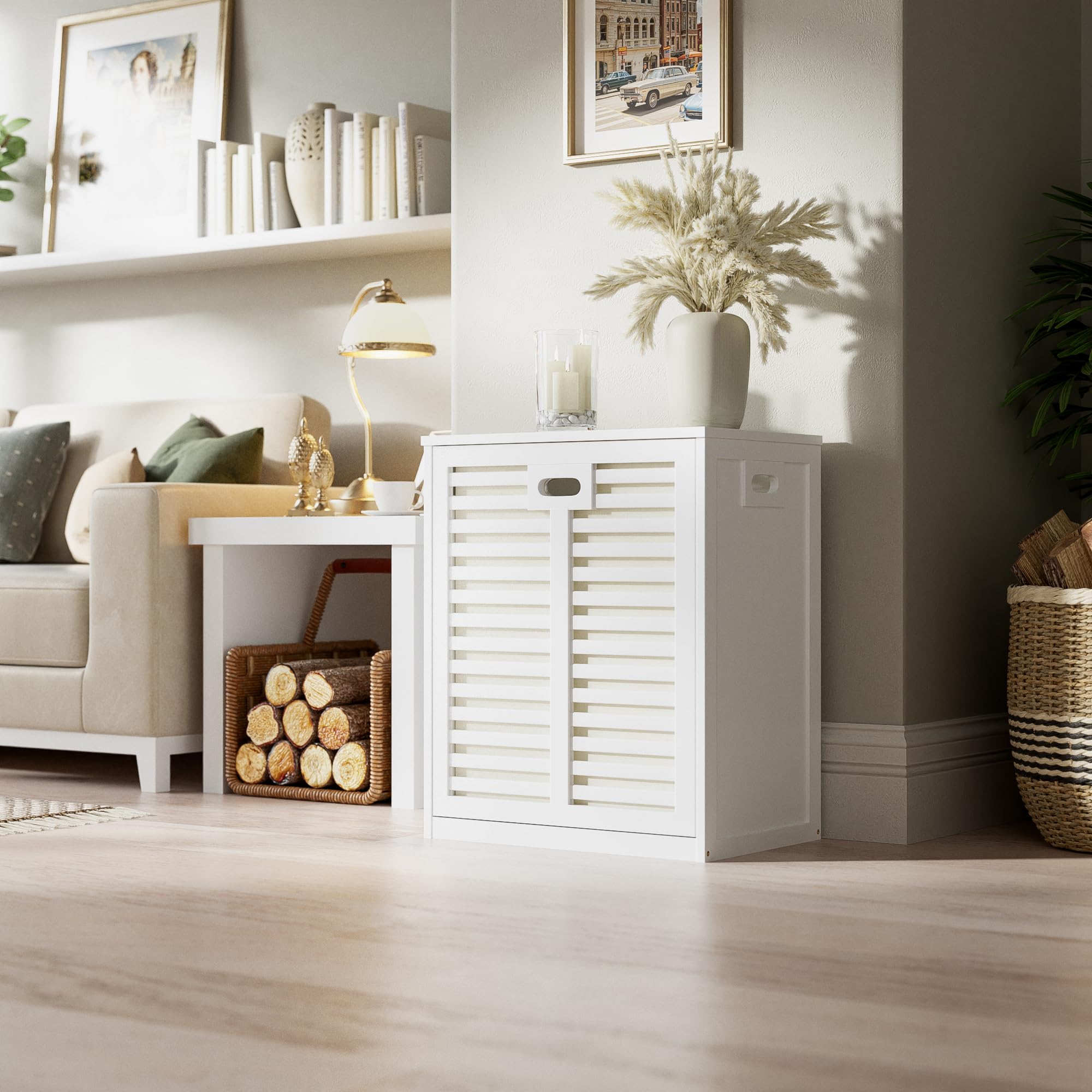 HITNET Mobile Bagno con Portabiancheria, Mobiletto Bagno Salvaspazio da Terra in Bambù con Portabiancheria, Sacco Interno Rimovibile con Maniglie per Lavanderia e Camera da Letto, Bianco