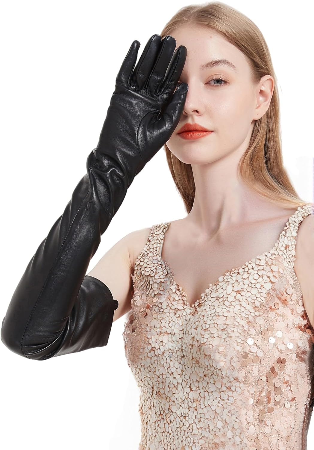 Women Opera Long Sheep Leather Gloves Genuine Soft Lambskin Above Elbow Gloves In Black