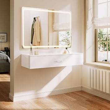 ELEGANT Wall Mounted Dressing Table with Square Mirror and Adjustable LED Lights, White Floating Shelf with Partition Storage, High Gloss Vanity Table for Living Room, Bedroom 100x38x100cm