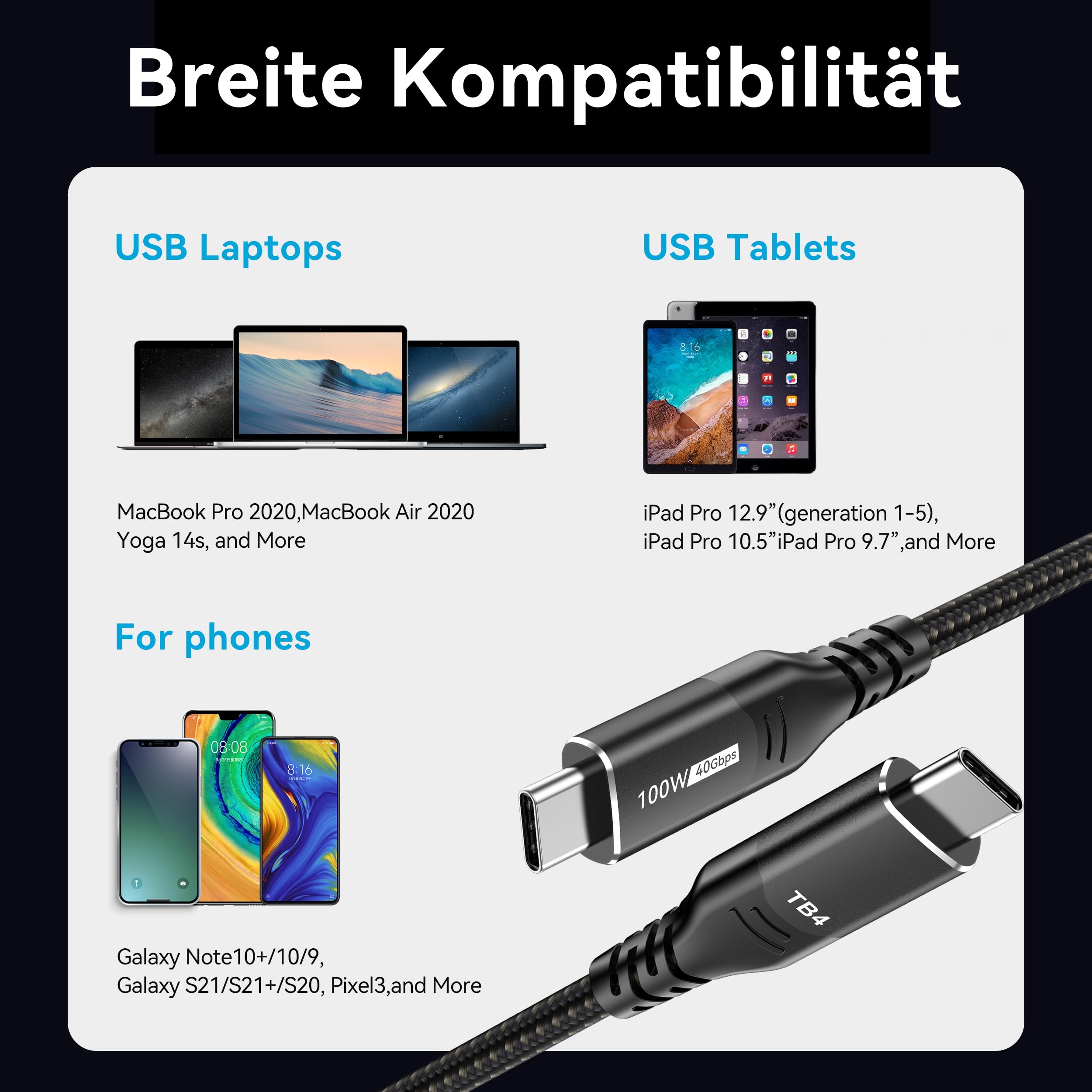 USB C Thunderbolt 4 kabel 40Gbps, szybkie ładowanie 100W kabel danych USB 4, 8K@60Hz kabel USB C na USB C do MacBook, stacji dokującej, PSSD, iPhone 16, laptopa, Android Auto, eGPU, 1,5m