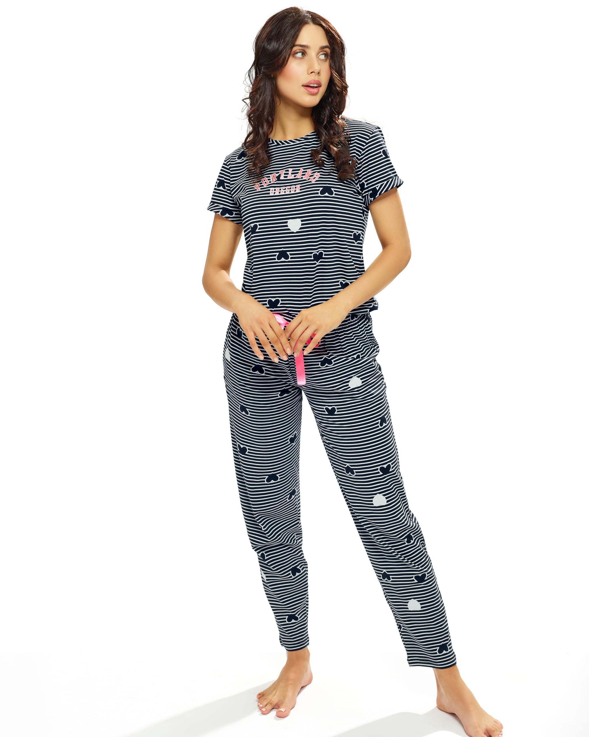 lotik Women's Cotton Strip & Heart Printed Top & Payjama Half Sleeve Night Suit Set-picture-41