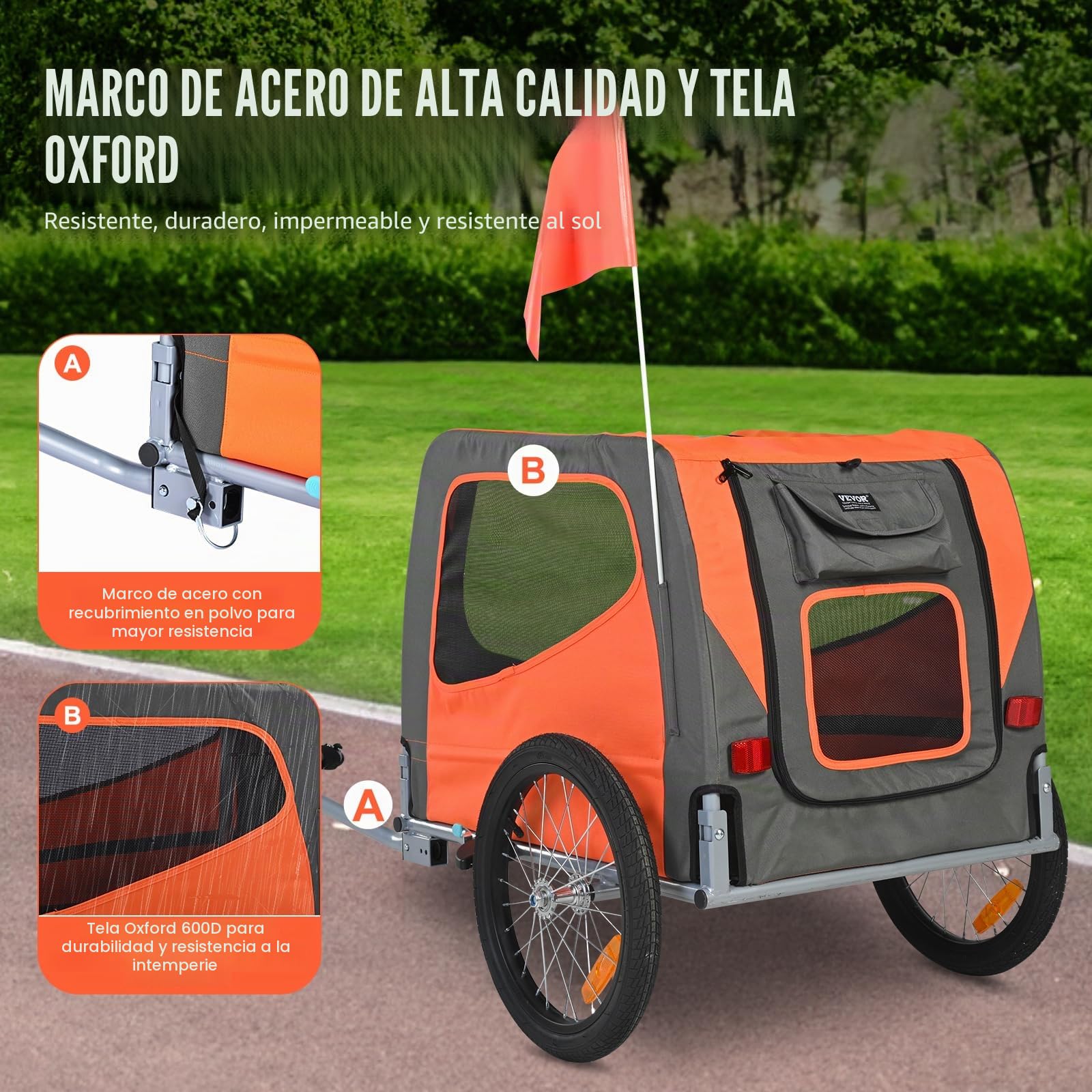 VEVOR Remolque Plegable para Bicicleta para Perros Carga de 30 kg Portabicicletas para Mascotas Marco Fácil de Plegar con Ruedas de Liberación Rápida, Acoplador Universal para Bicicleta, Reflectores