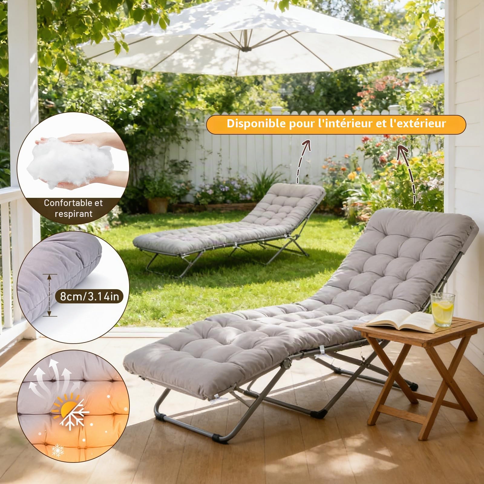 Coussins pour Bain de Soleil, 170x53x8cm Coussins pour Bancs de Jardin avec Capuche Antidérapante et Sangles de Fixation, Coussin pour de Jardin Convient aux Chaises Longues