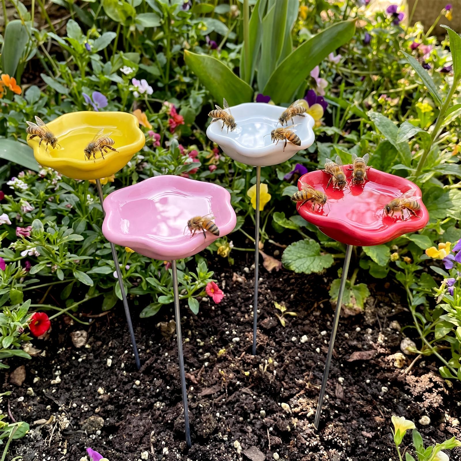 4 Pack Resin Flower Water Stations Cups Garden Stakes, Rainbow, Stylish