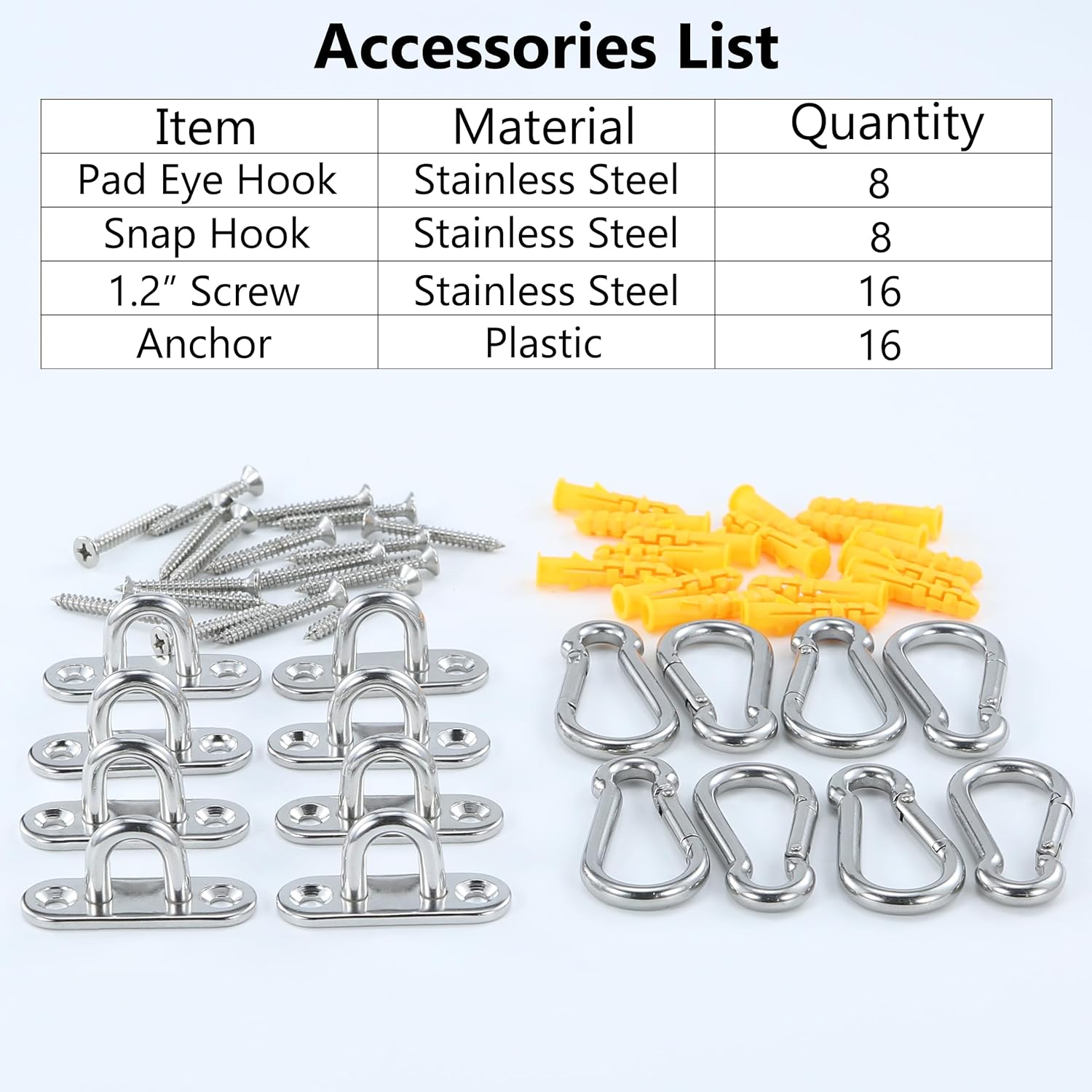 8Pcs 304 Stainless Steel 1.8 inch Pad Eye Hooks and 8Pcs 304 Stainless Steel Snap Hooks,Screw Ceiling Hook,Shade Sail Hardware,Outdoors String Lights Hangers with Screws Anchors - Image 4